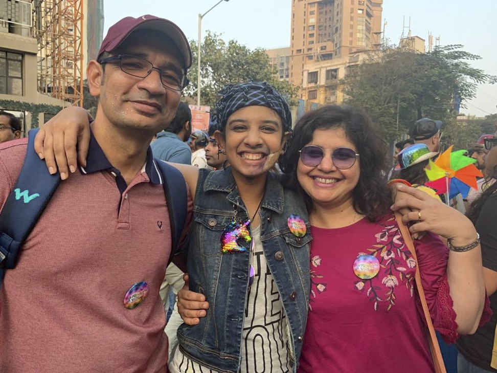 Rakesh and Renu Sharma with daughter Ria (centre) at the Mumbai Pride March.
