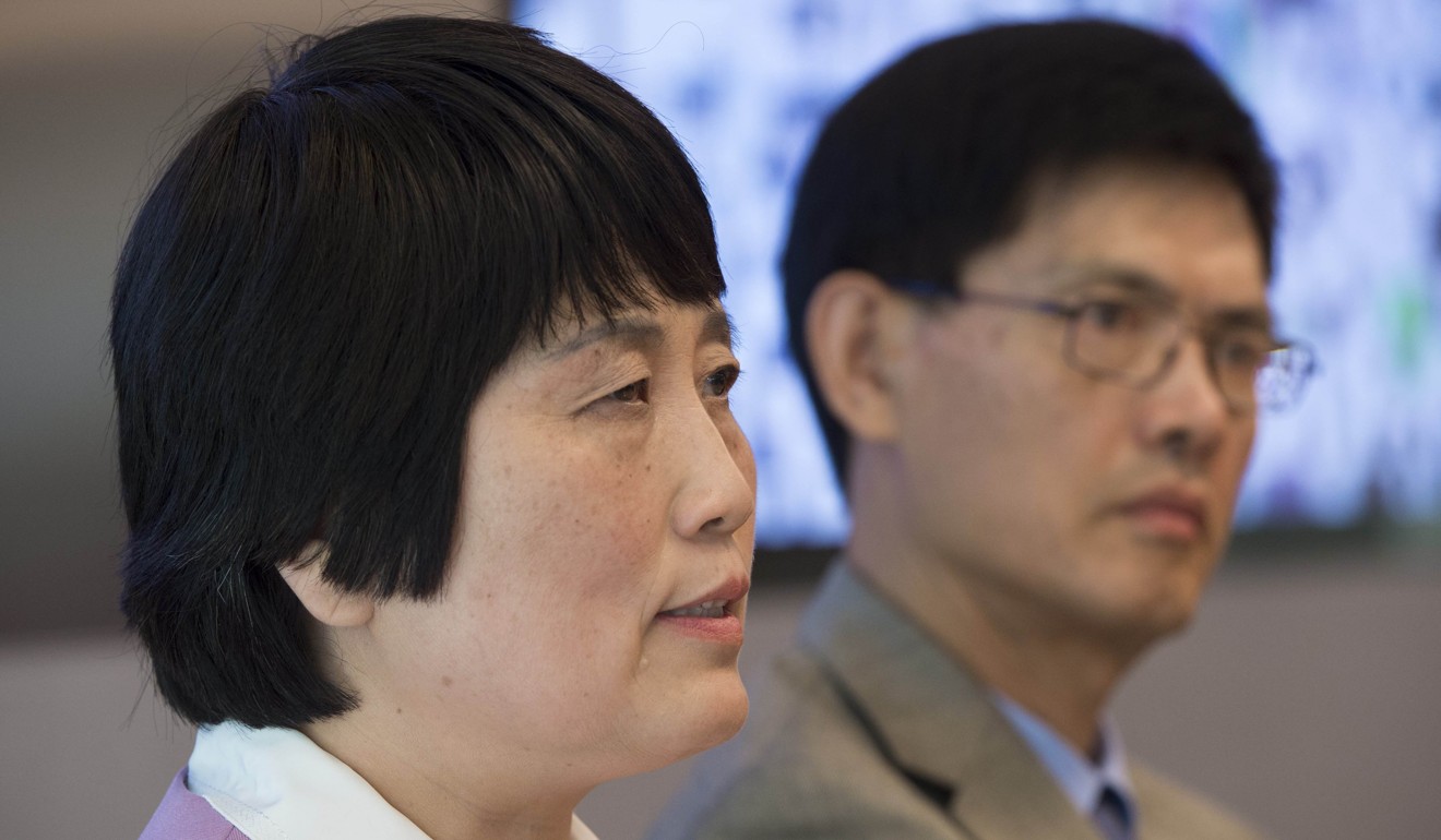 Sherry Chen, a US federal government worker, and Xiaoxing Xi, a physics professor at Temple University, speak in Washington in September 2015 about being falsely accused of spying for China. Photo: AFP
