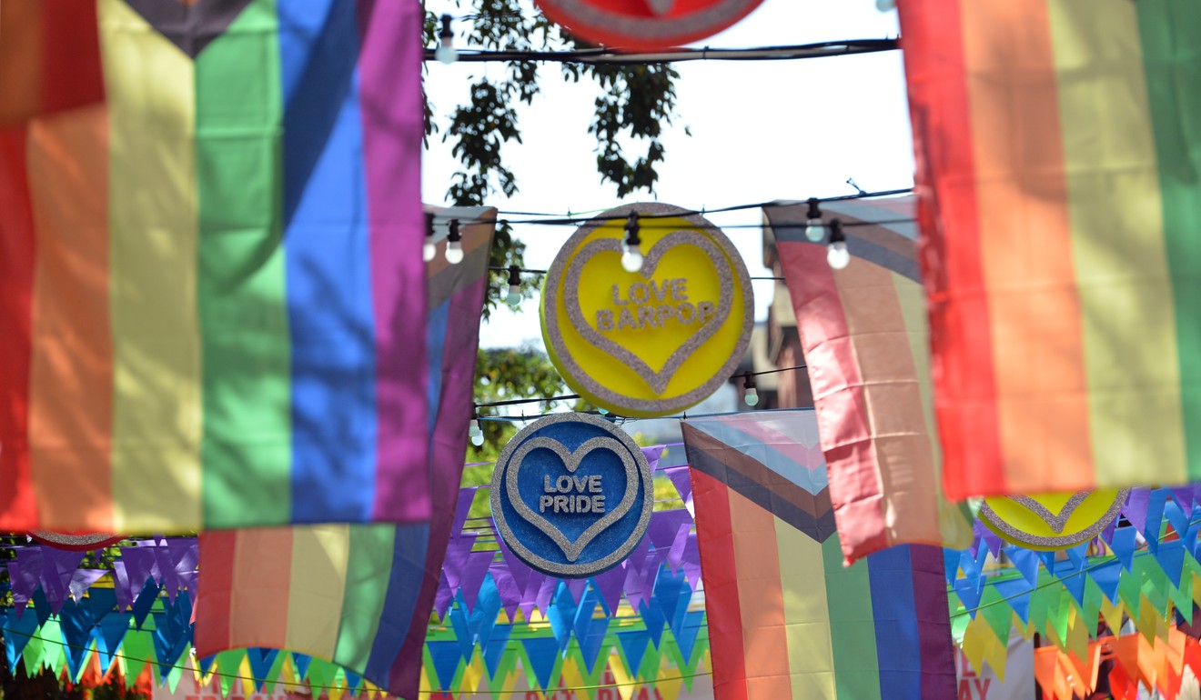 LGBT flags and decorations hang at the Manchester Pride festival in Britain. Photo: Reuters