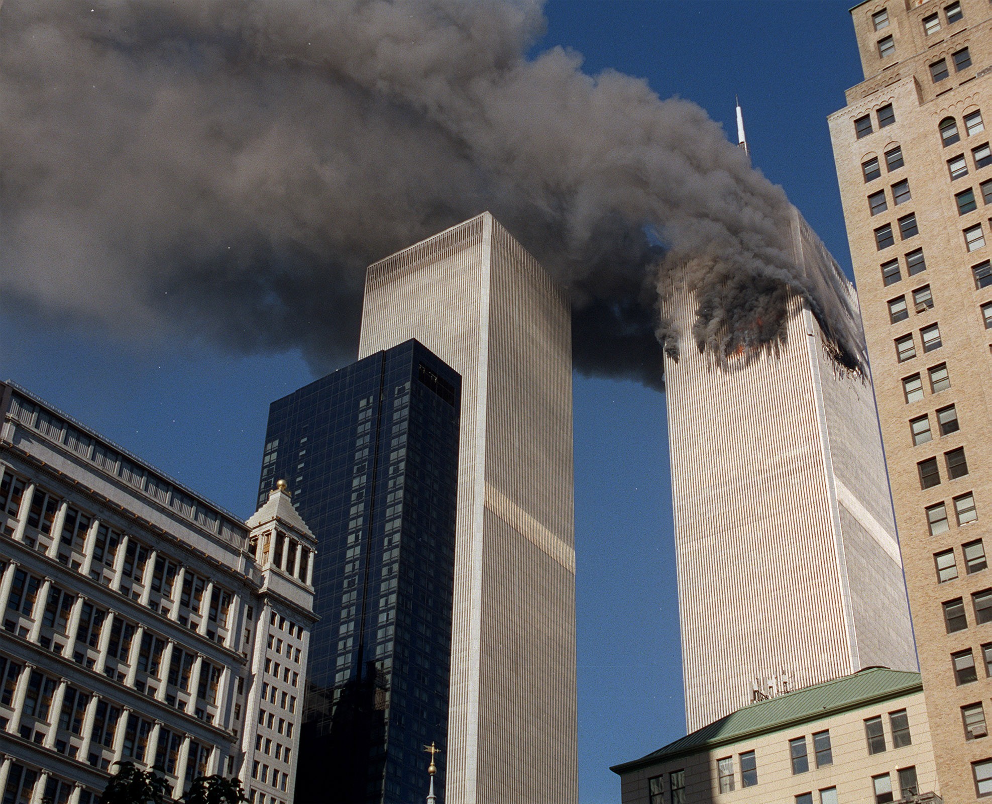 Smoke pours from one of the towers of the World Trade Centre on September 11, 2001. Photo: AP