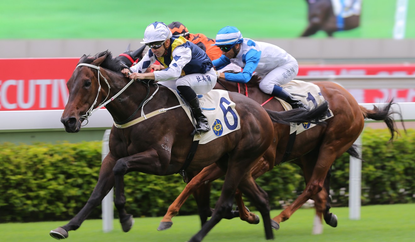 Sunshine Warrior, under jockey Aldo Domeyer, goes to the front at Sha Tin on Sunday.