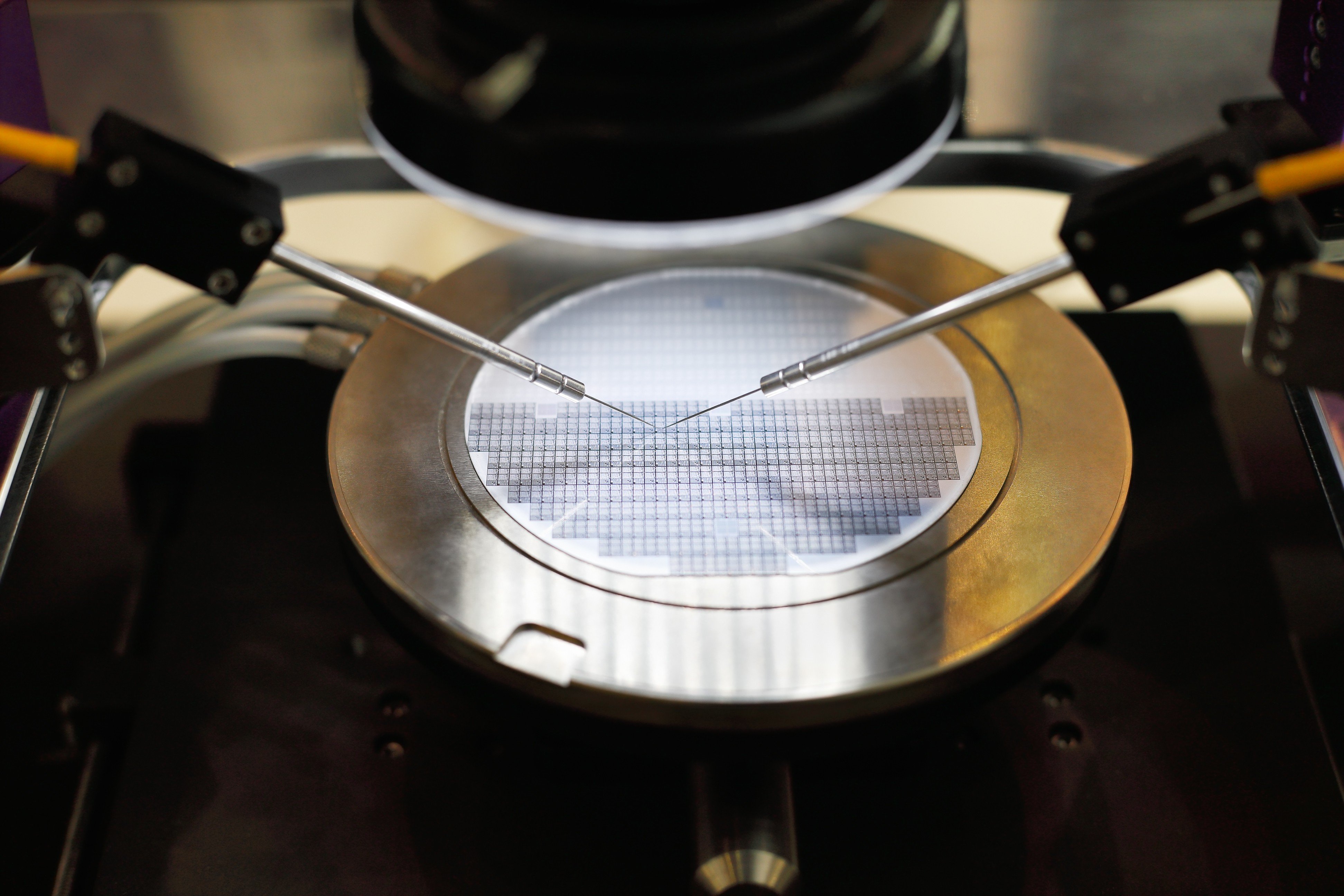 Semiconductor silicon wafer undergoing probe testing. Photo: Shutterstock