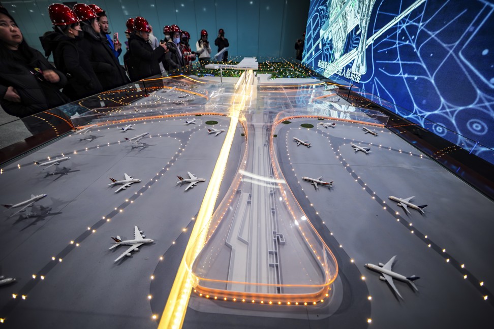 A model of Beijing Daxing International Airport Station, which will officially open in September, and will have intercity trains serving Beijing’s urban areas, Beijing’s new airport in Daxing District, and Xiongan New Area. Photo: Imaginechina