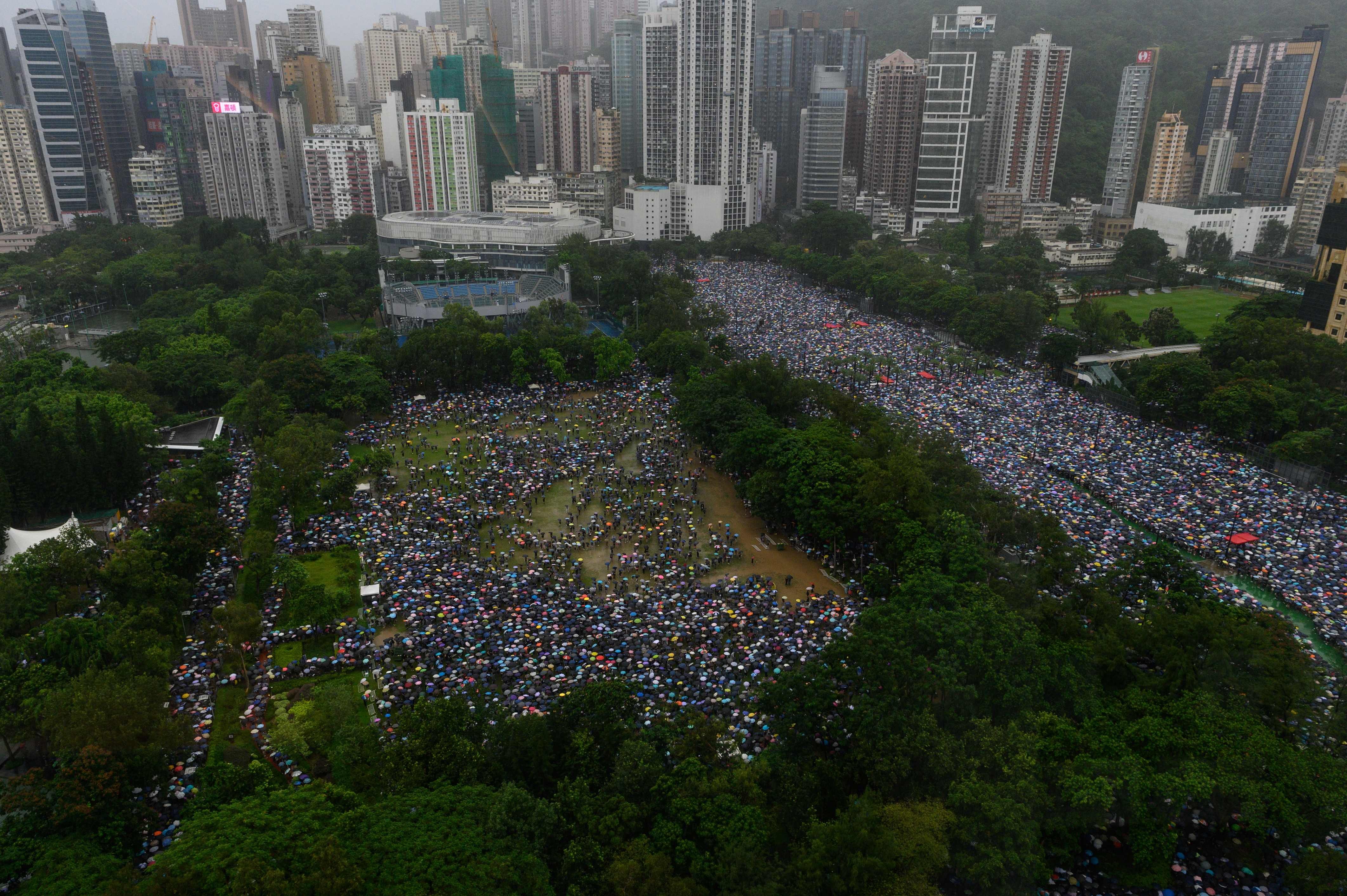 Protesters gather for a rally in Victoria Park on August 18. The main issue driving the peaceful marches involving millions may be the increasing “mainlandisation” of Hong Kong, instead of housing. Photo: AFP