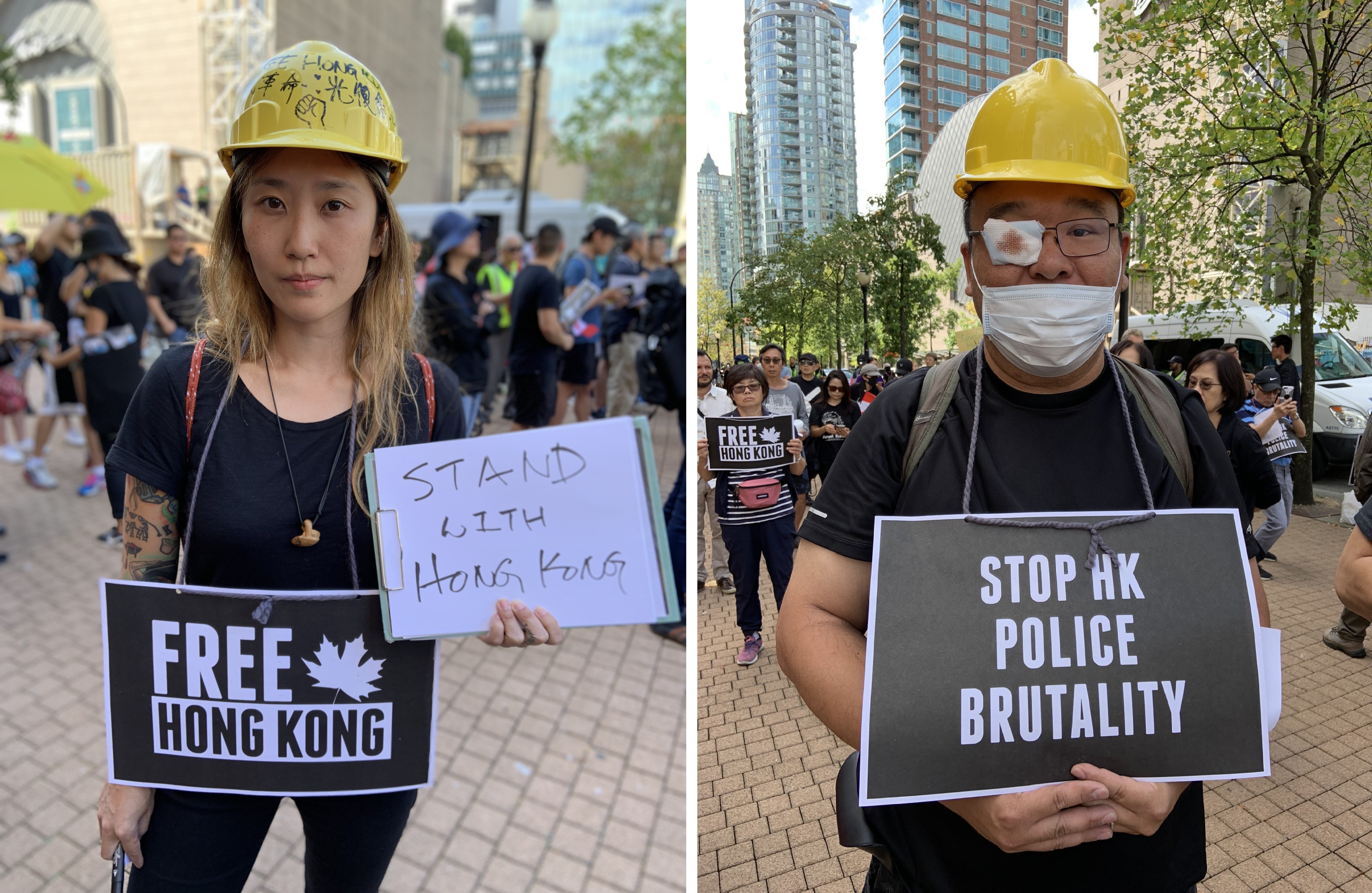 Jayers Ko (left) and a protester who did not want to be identified at a rally outside the Vancouver Public Library on Saturday. Photos: Ian Young