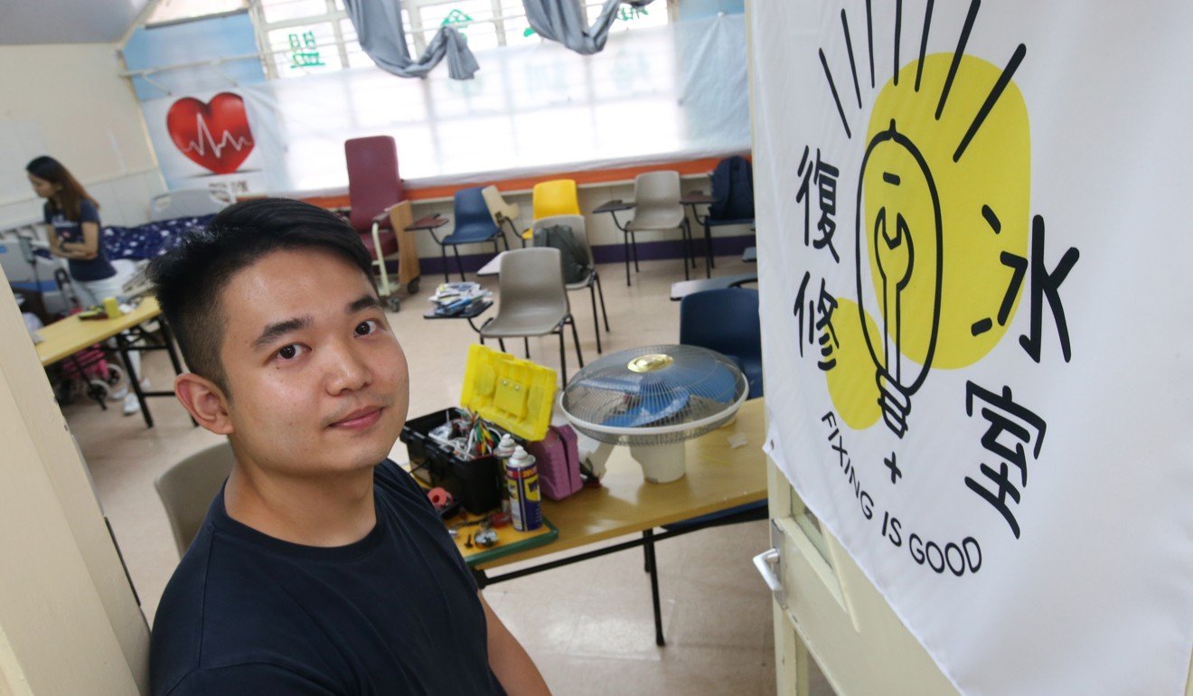 Jacky Chan, 27, one of the organisers of Repair Cafe Hong Kong, at the Repair Cafe in Tai Po. Photo: David Wong