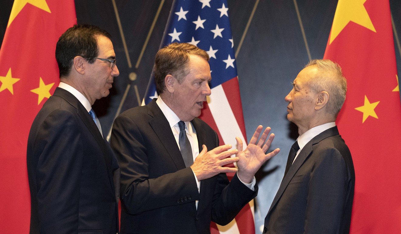 US Trade Representative Robert Lighthizer (centre) with Chinese Vice Premier Liu He (right) and Treasury Secretary Steven Mnuchin (left) during Shanghai trade talks on July 31. Photo: AP