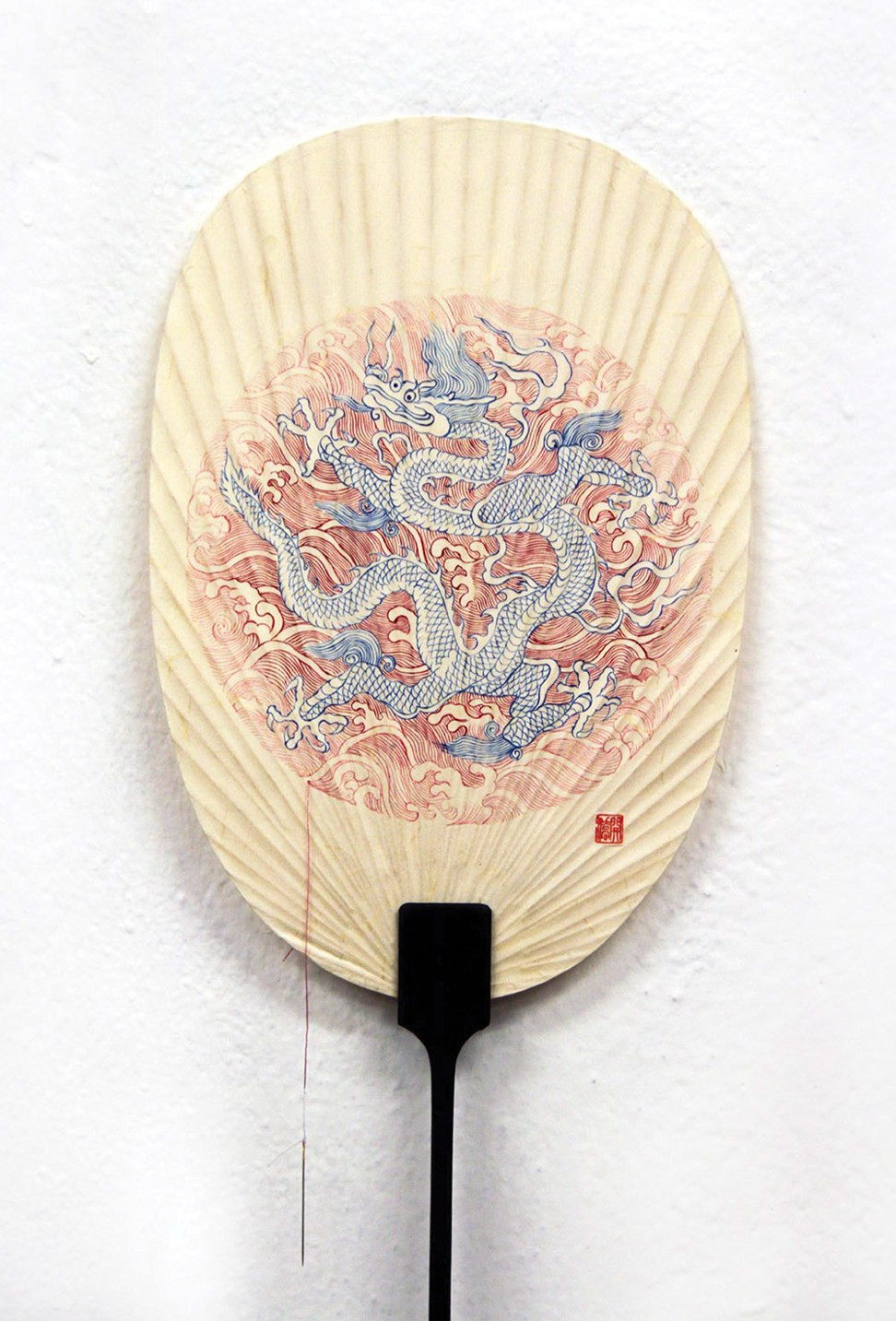Embroidering with Strokes by Hui Hoi-kiu. Chinese ink and colour on paper fan, needle, thread.