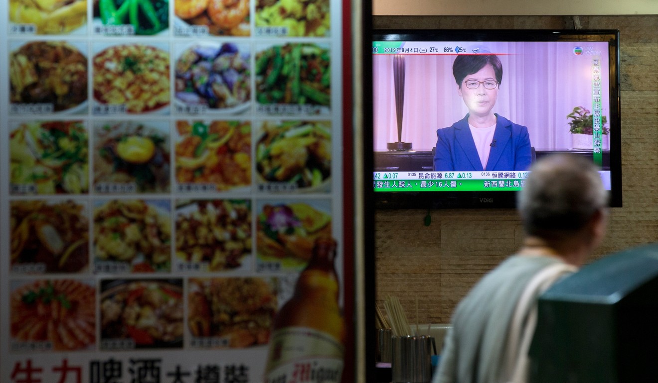Hong Kong Chief Executive Carrie Lam announces the withdrawal of the extradition bill in a pre-recorded television broadcast. Photo: EPA-EFE