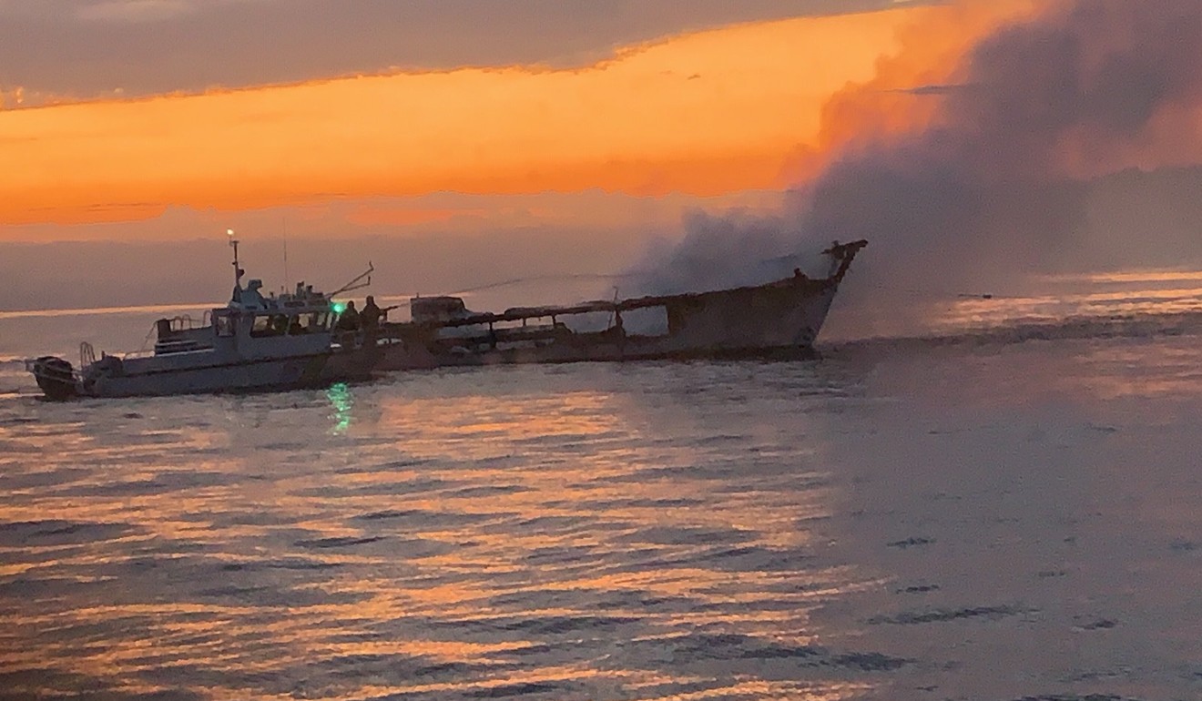 A handout photo made available by the Ventura County Fire Department shows the burned out boat Conception on Monday. Photo: EPA