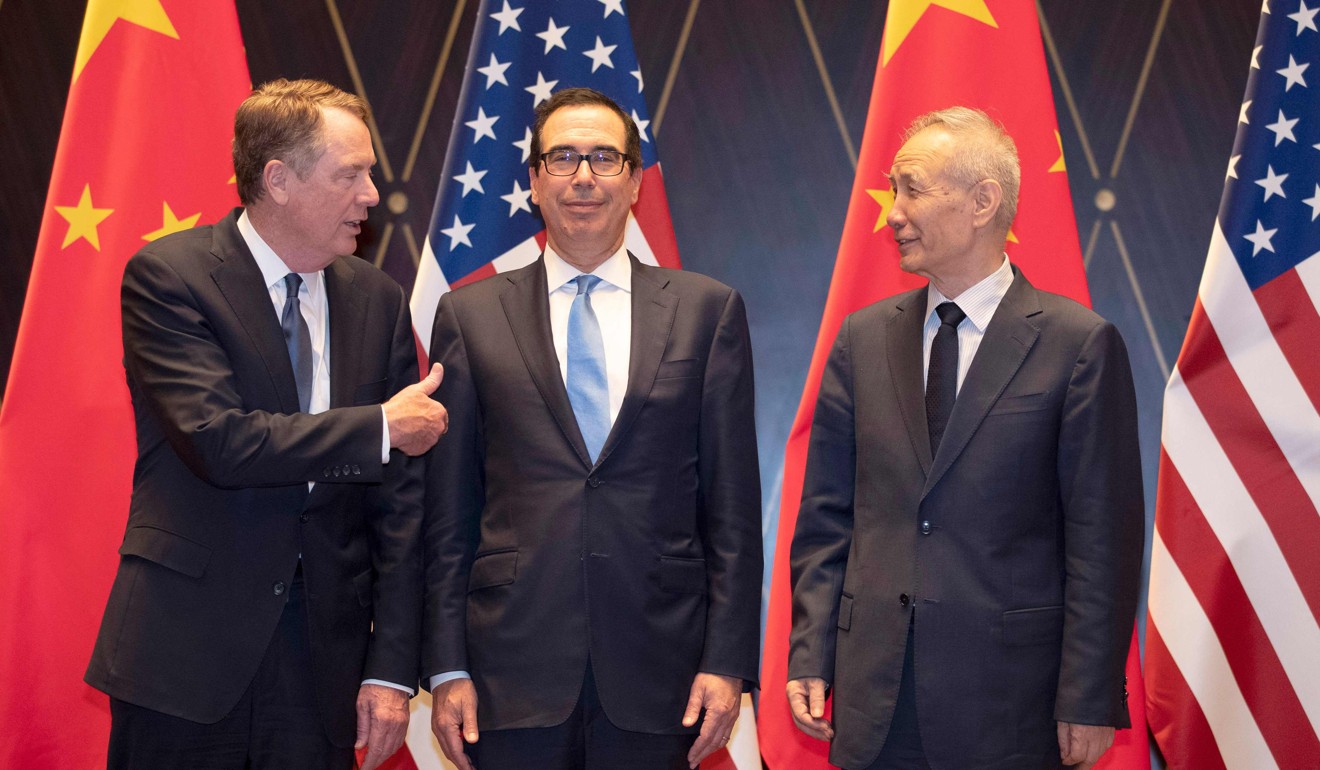 US Trade Representative Robert Lighthizer (left) gestures towards US Treasury Secretary Steven Mnuchin (centre) as he chats with Chinese Vice-Premier Liu He at the Xijiao Conference Centre in Shanghai in July. Photo: AFP