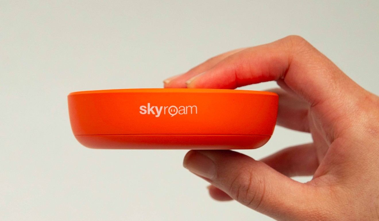 A Skyroam mobile Wi-fi hotspot device.