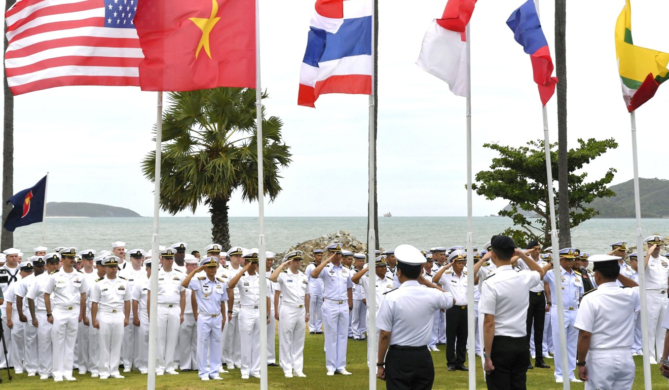 The joint naval exercise between the US and Asean gets under way at the Sattahip naval base in Thailand. Photo: Kyodo