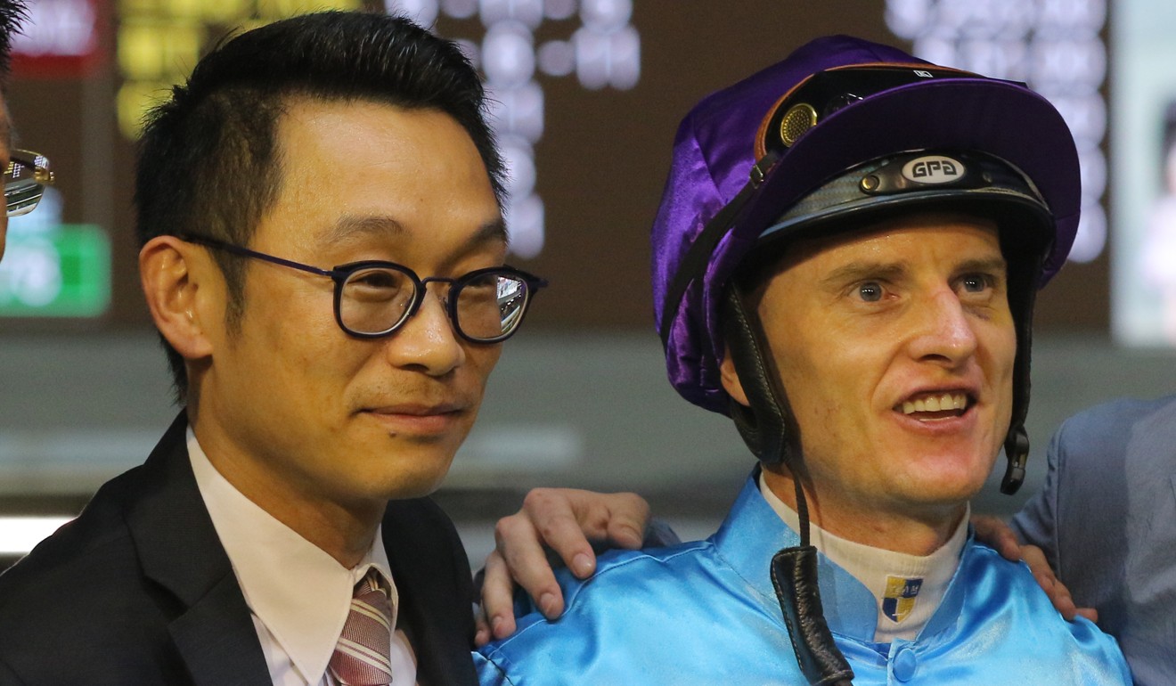 Trainer Jimmy Ting and jockey Zac Purton celebrate Yee Cheong Baby’s most recent victory.