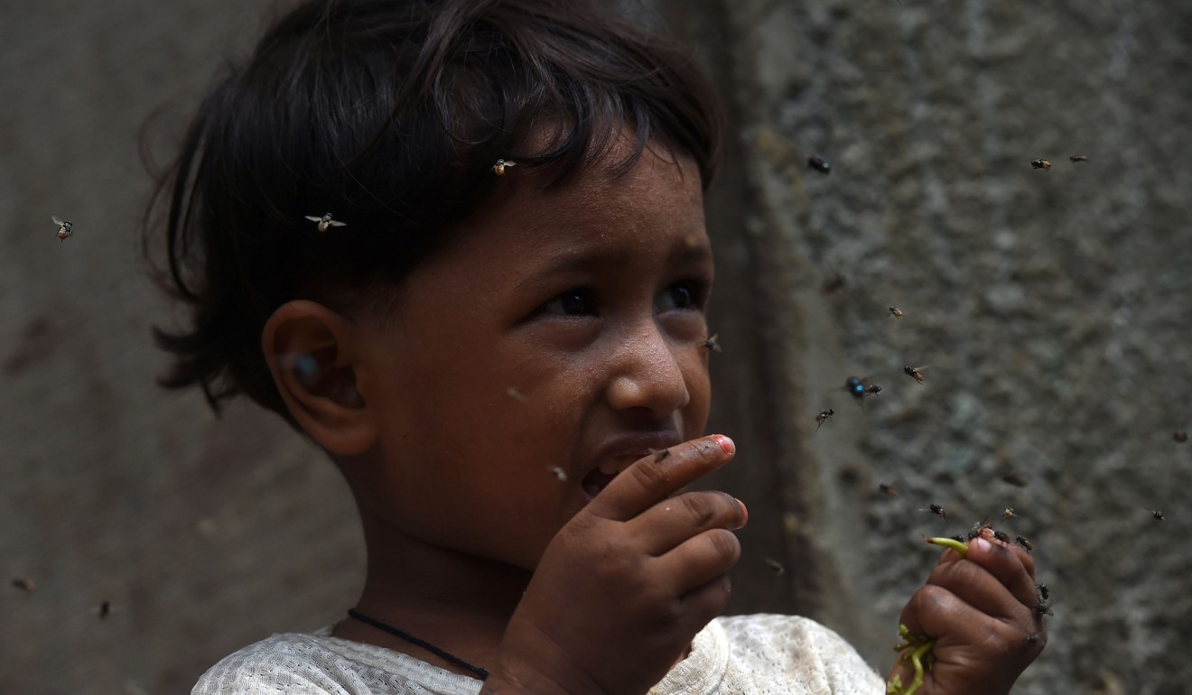 A girl eats grapes as flies swarm around her in a slum area of Karachi. Photo: AFP