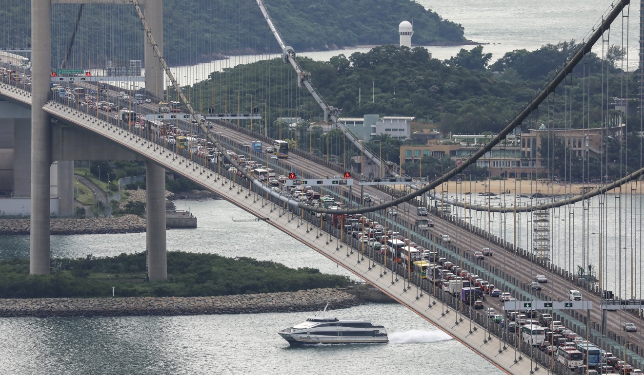 Heavy congestion is seen on the airport-bound lane on Tsing Ma bridge in Chek Lap Kok as protesters cripple services. Photo: K.Y. Cheng