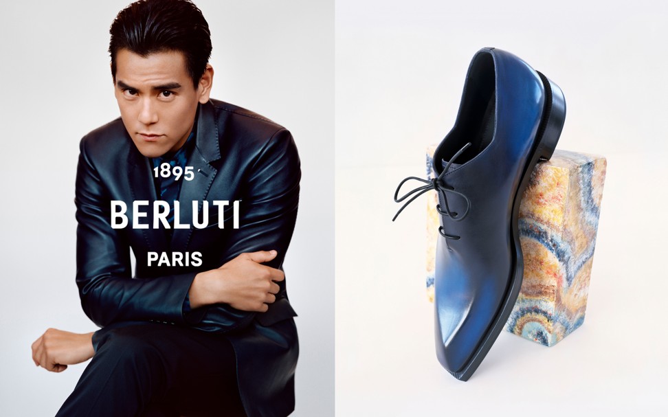 Berluti brand ambassador Eddie Peng (left), wears a Scritto jacquard-lined dark-grey lamb leather jacket, with a blue calfskin Alessandro Edge Oxford shoe, which are both part of the winter 2019 collection,