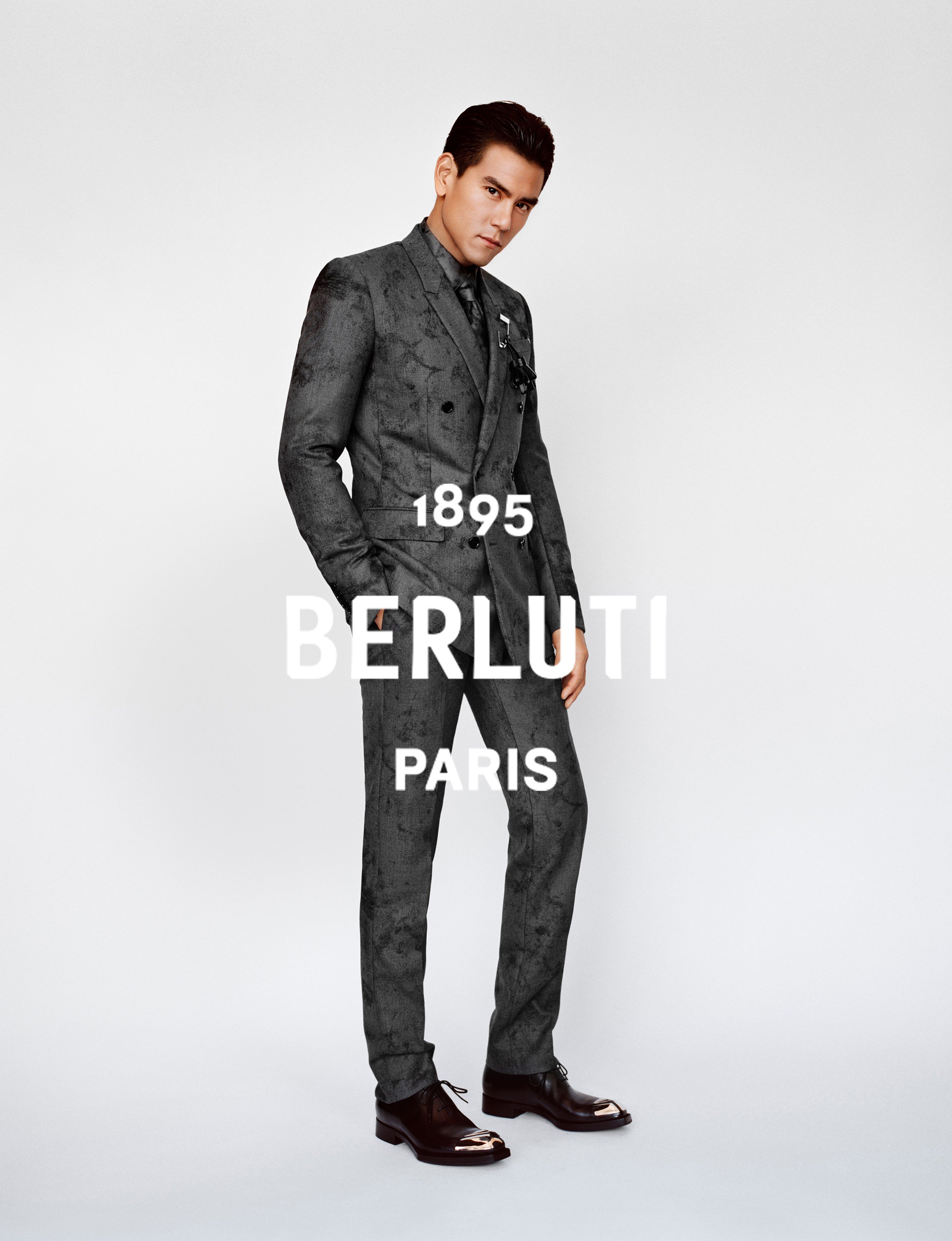 Eddie Peng, the Taiwanese-Canadian actor, singer and model, here dressed in a formal grey wool marble suit with a matching silk shirt, is brand ambassador for menswear company Berluti’s new winter 2019 collection.