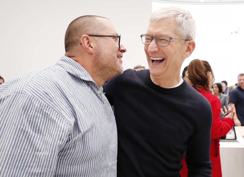 Apple CEO Tim Cook (right) and Apple chief design officer Jony Ive celebrate as members of the media inspect new Apple products at 2019’s biggest Apple launch. Photo: EPA-EFE