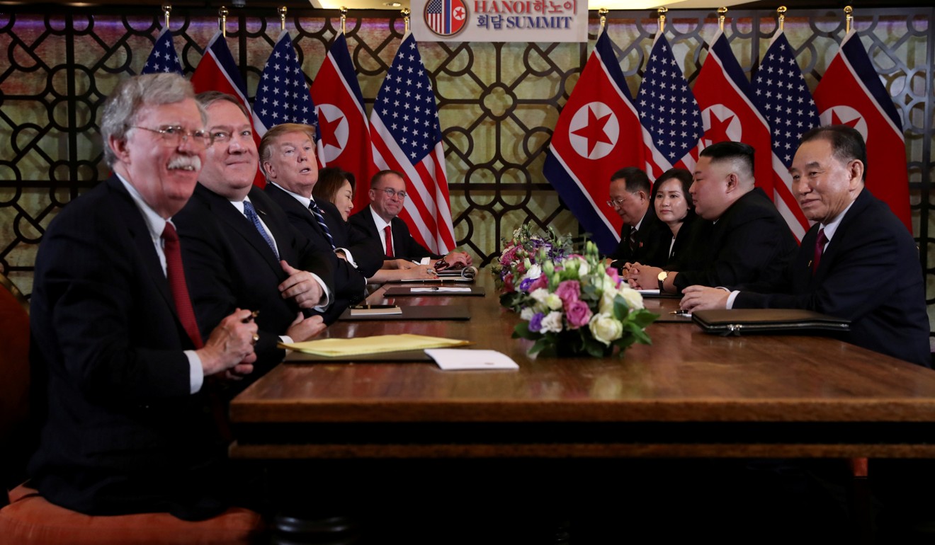 North Korea's leader Kim Jong-un and US President Donald Trump meet in Hanoi with US Secretary of State Mike Pompeo and White House national security adviser John Bolton. Photo: Reuters