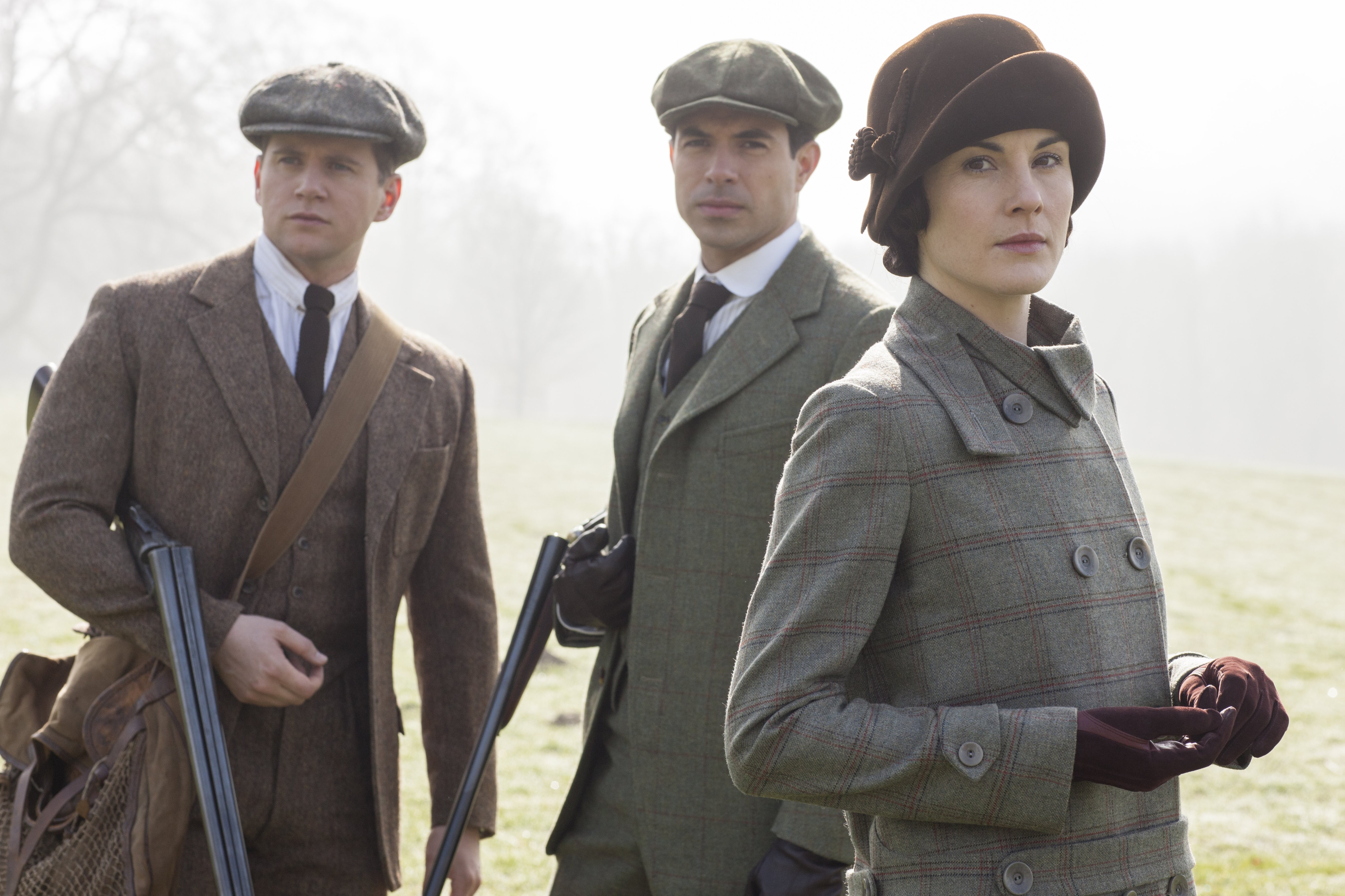 (From left) Allen Leech as Tom Branson, Tom Cullen as Anthony Foyle, and Michelle Dockery as Lady Mary Crawley in Downton Abbey. Dockery’s performance in the series earned her nominations for a clutch of awards.