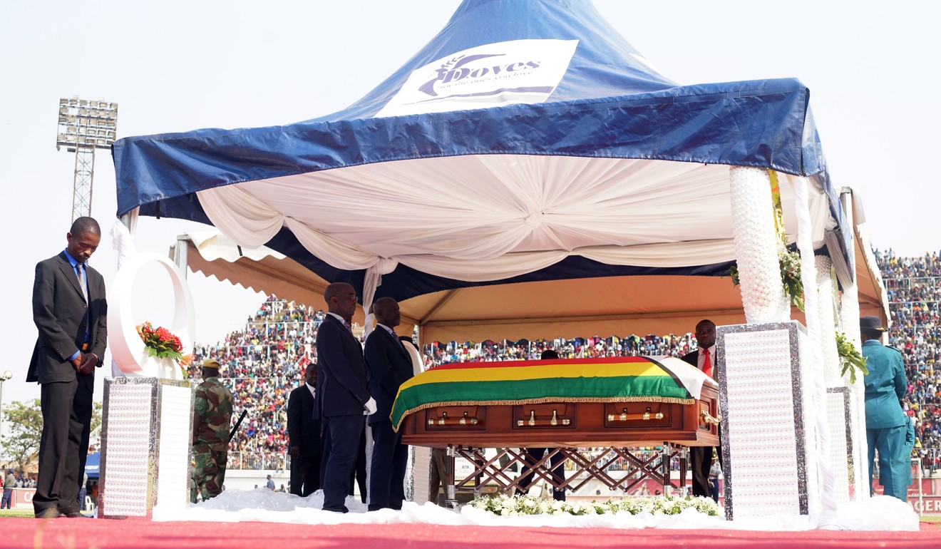 The coffin of the former Zimbabwean president Robert Mugabe at Rufaro Stadium in Harare on Thursday. Photo: EPA-EFE
