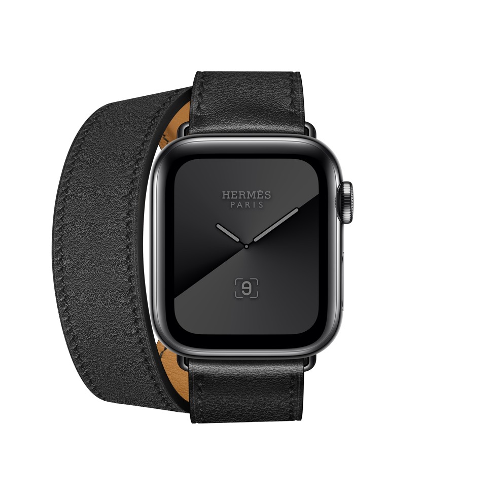 An all-black version of the watch – the 40mm double tour band swift calfskin black
