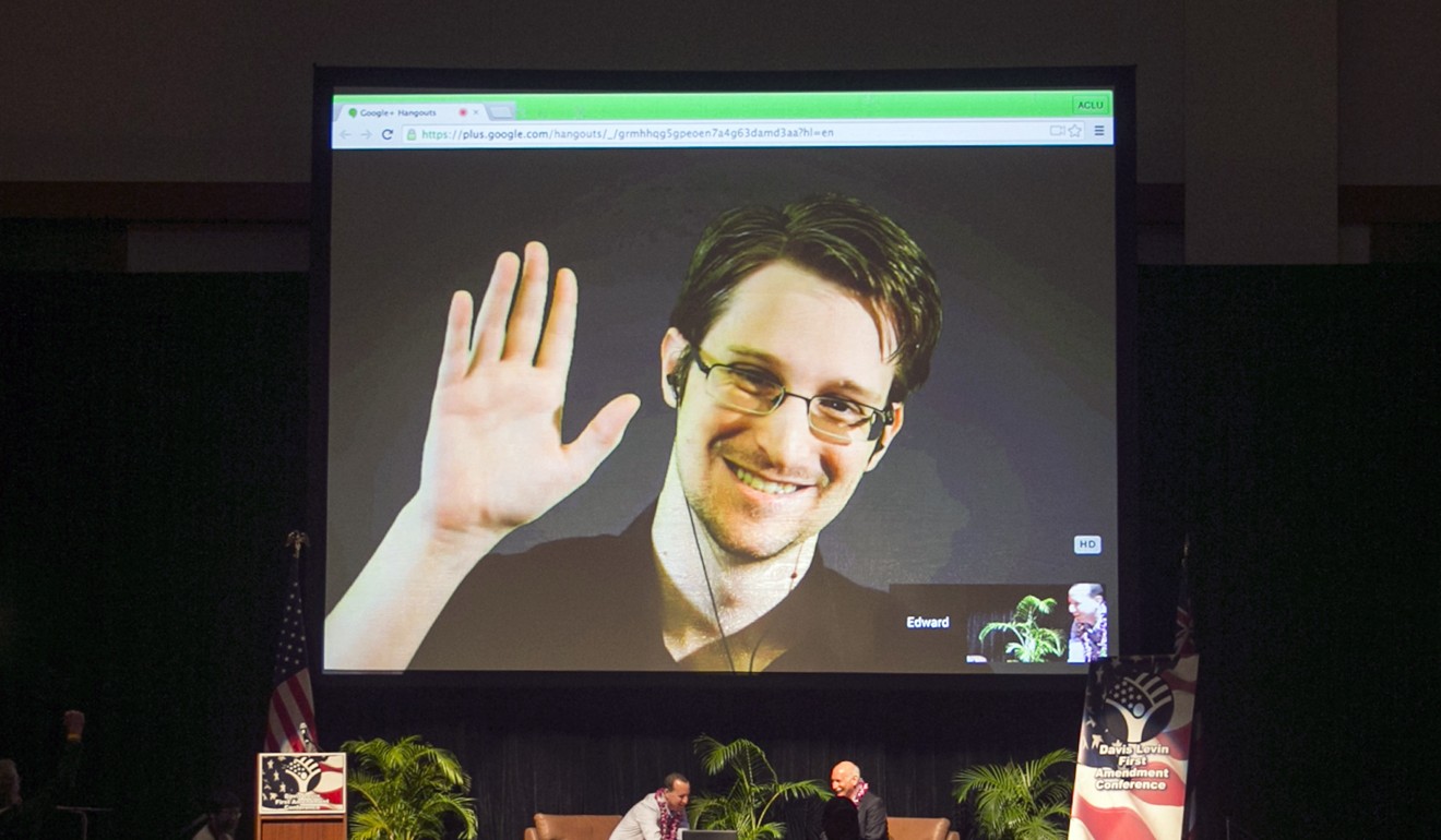 Edward Snowden appears on a live video feed broadcast from Moscow. Photo: AP