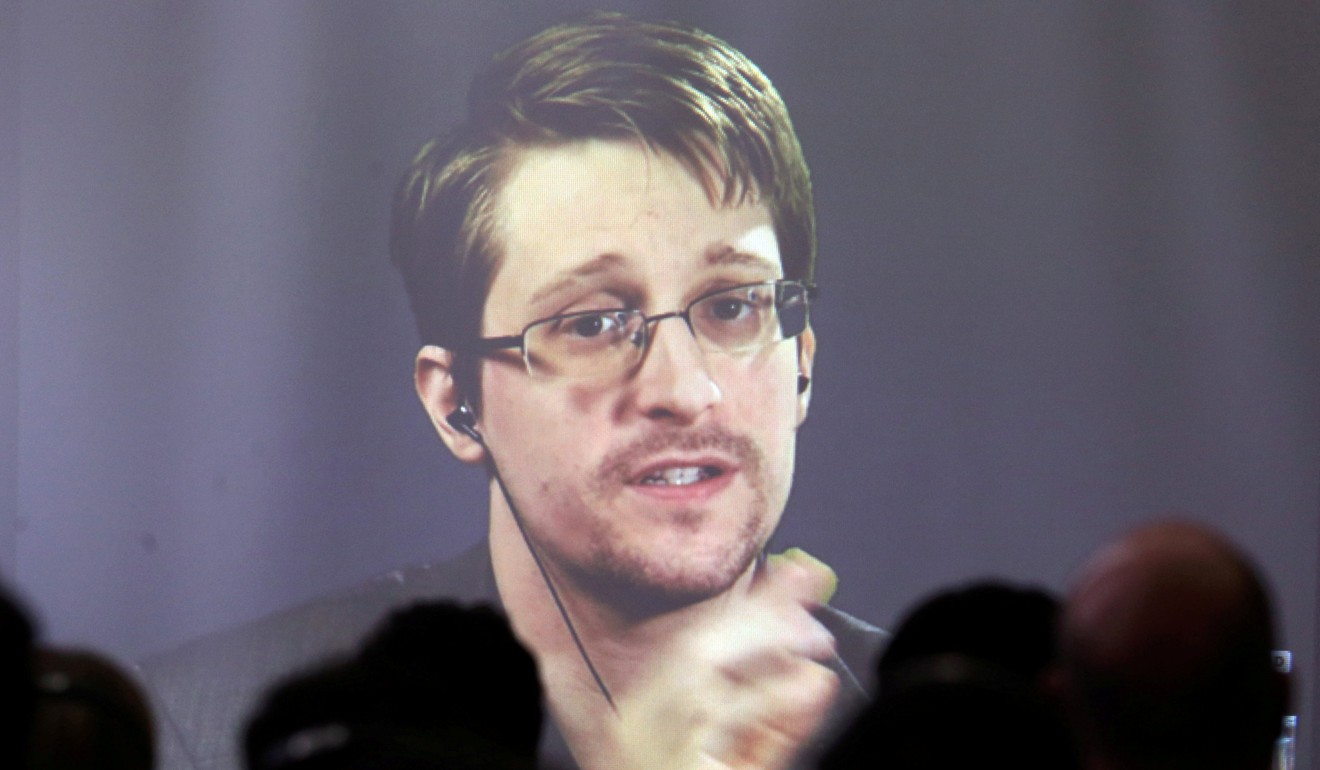 Edward Snowden speaks via video link in 2016. Photo: Reuters