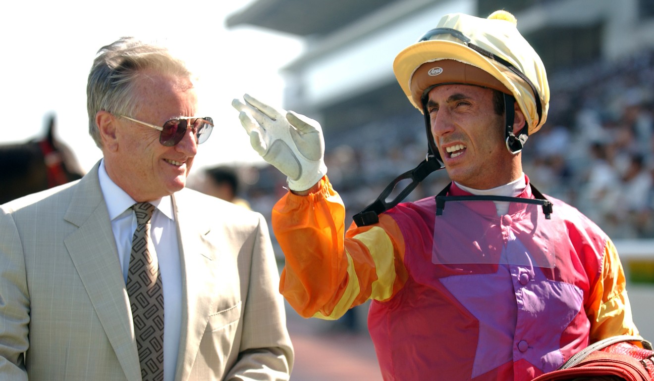 Trainer Geoff Lane and jockey Olivier Doleuze after a win at Sha Tin in 2004.