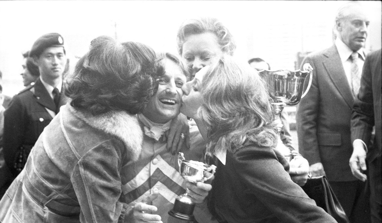 Geoff Lane is all smiles as he is kissed after winning the Po Leung Kuk Challenge Cup on Hilight at Happy Valley in 1978.