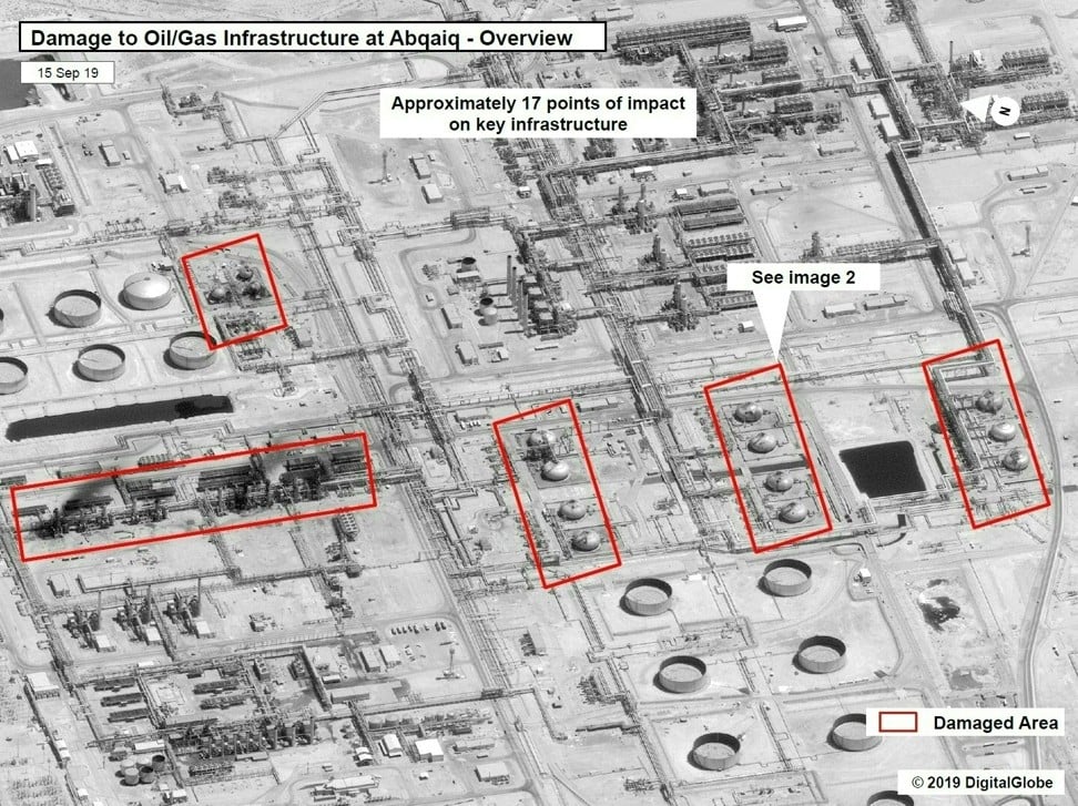 A satellite overview image obtained on Monday shows damage from weekend drone attacks at Abqaig in Saudi Arabia on Saturday. Photo: US Government via AFP