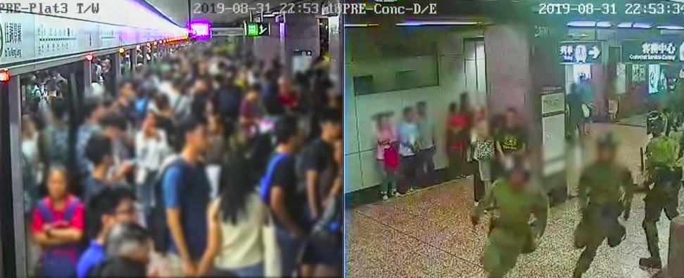 Screen grab of CCTV footage from 10.53pm, on August 31 when an evacuation was triggered at Prince Edward station as riot police arrived. Photo: Handout