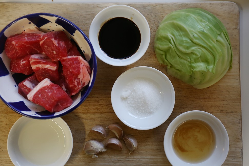 The ingredients for Japanese beef cubes with garlic and shredded cabbage. Photo: Jonathan Wong