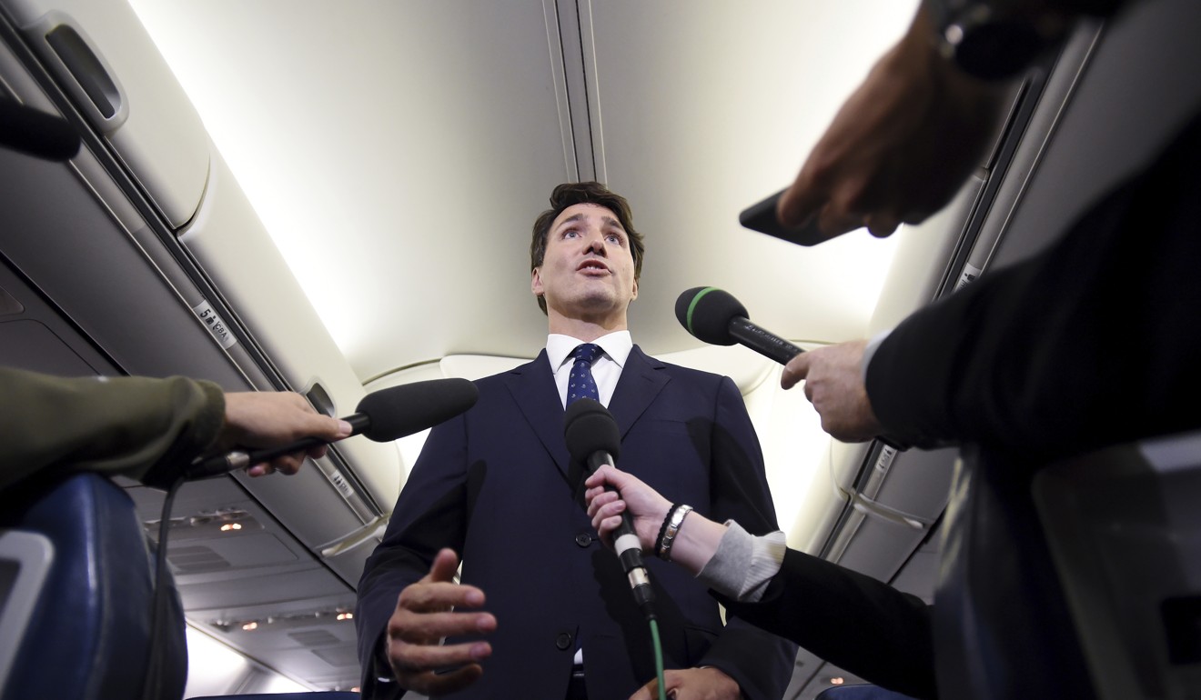 Canadian Prime Minister Justin Trudeau makes a statement on the brownface photo on his campaign plane in Halifax, Nova Scotia on Wednesday. Photo: The Canadian Press via AP