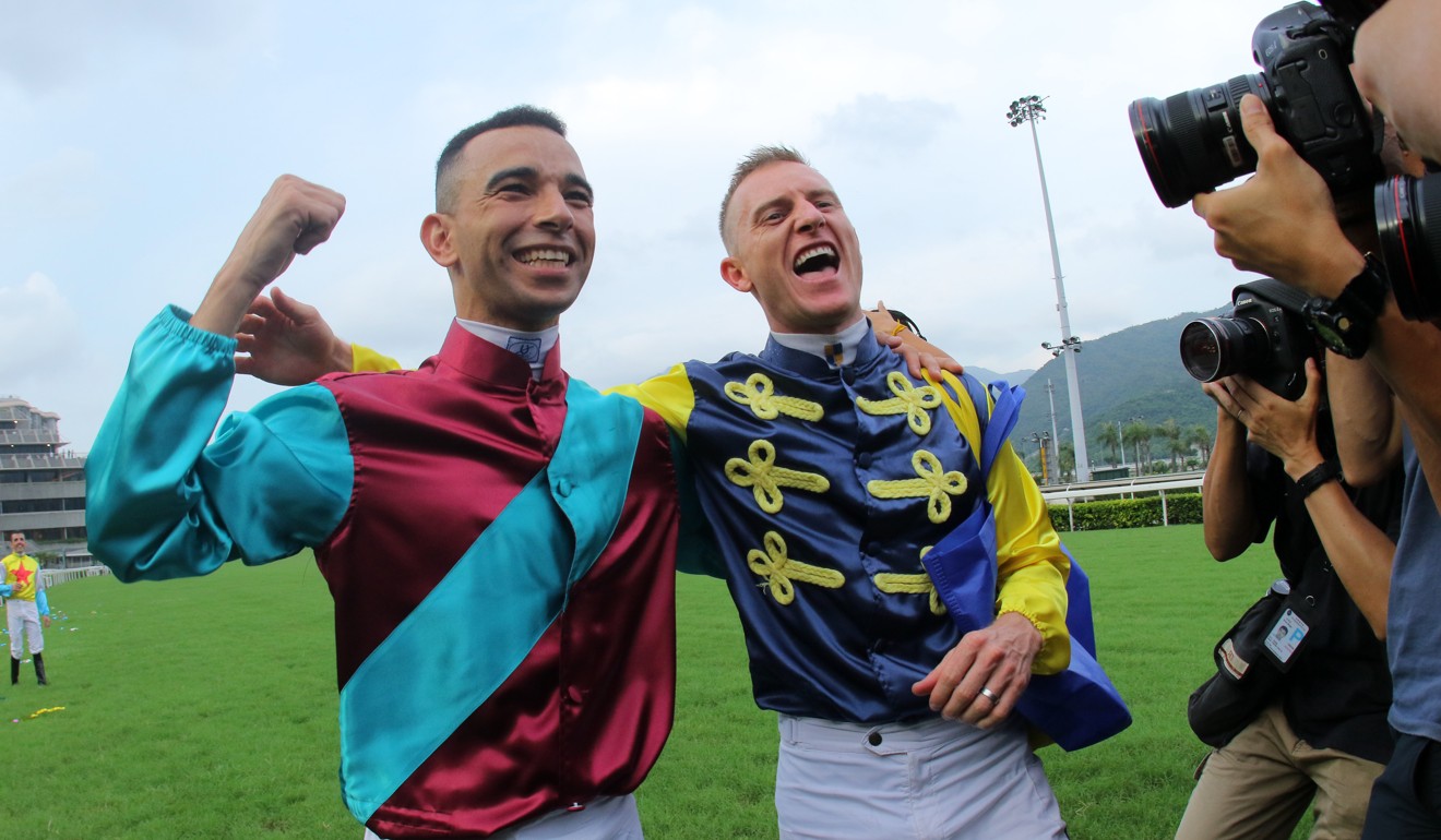 Joao Moreira (left) and Zac Purton team up in Sunday’s soccer match. Photo: Kenneth Chan