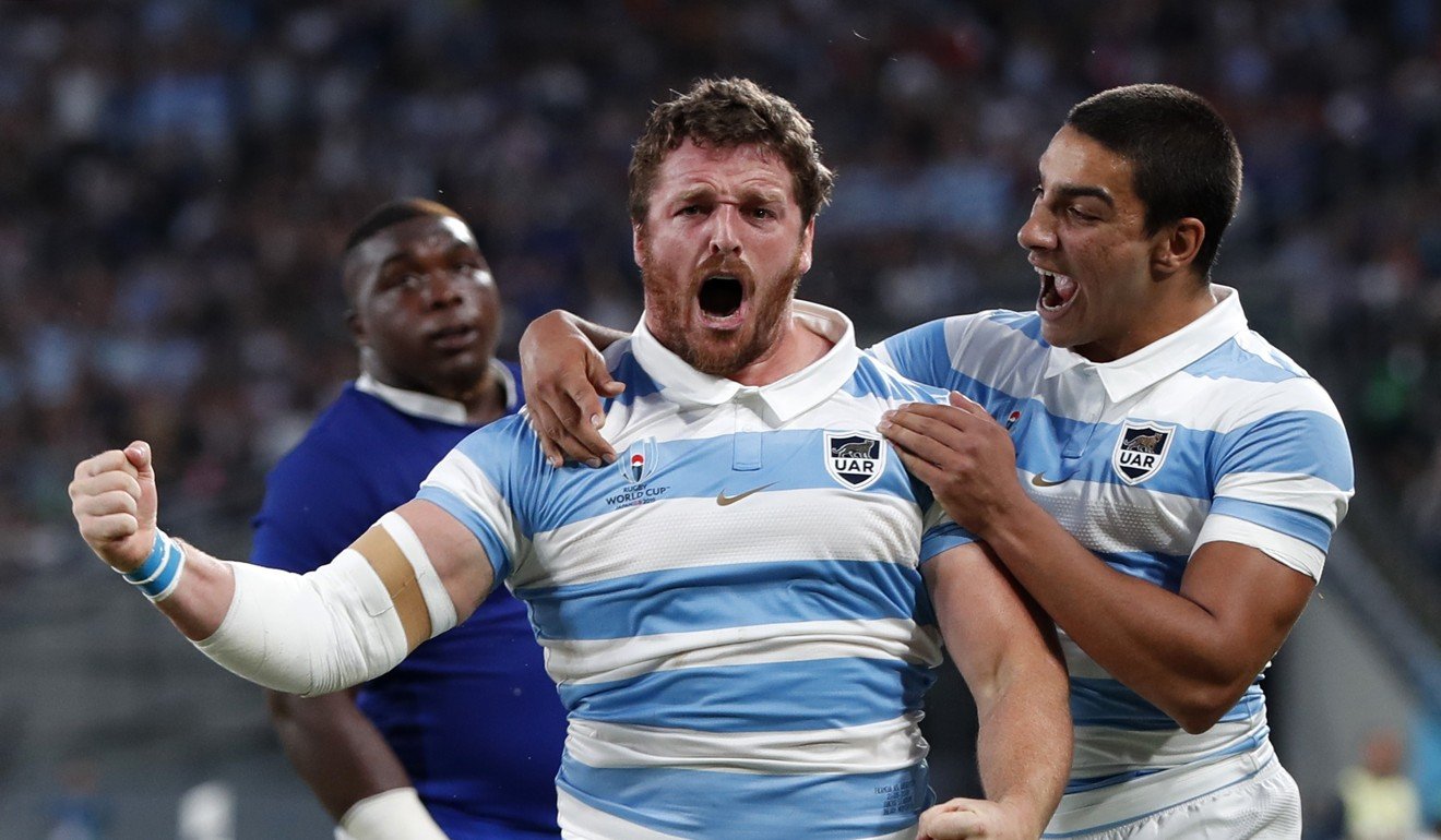 Argentina’s Matias Moroni celebrates scoring their second try against France. Photo: Reuters