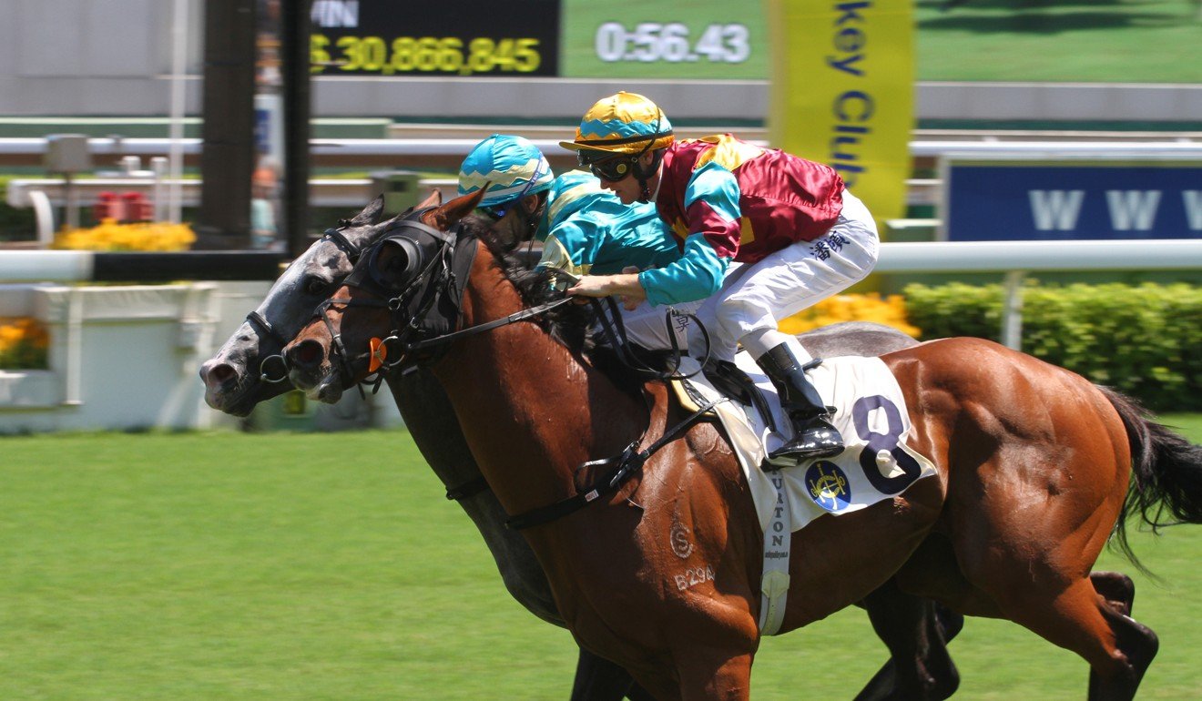 Meridian Genius (inside) gets up on the line to win at Sha Tin on Saturday.