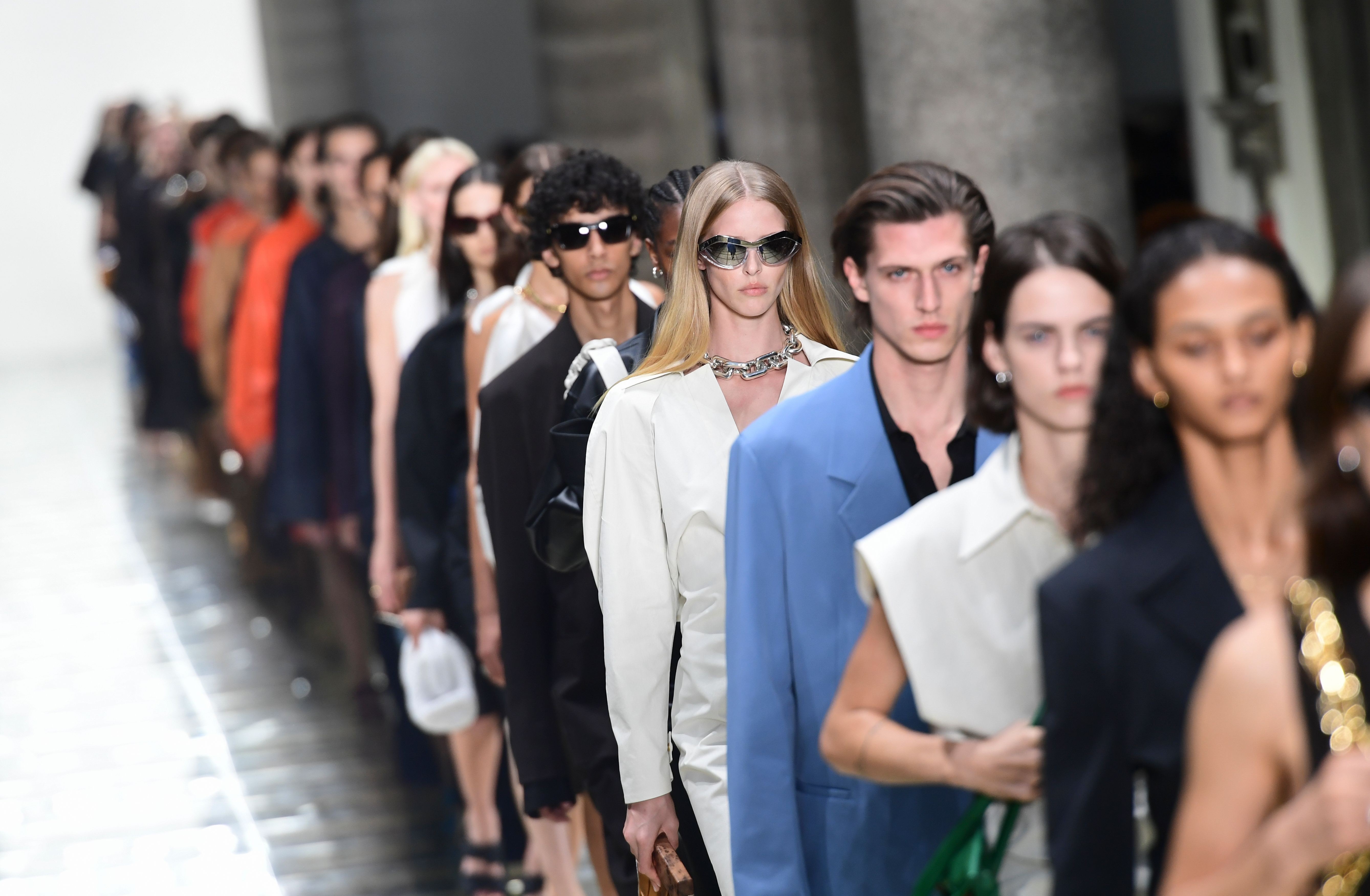 Models present Bottega Veneta’s creations during the women’s spring/summer 2020 collection at Milan Fashion Week on September 19. Photo: AFP