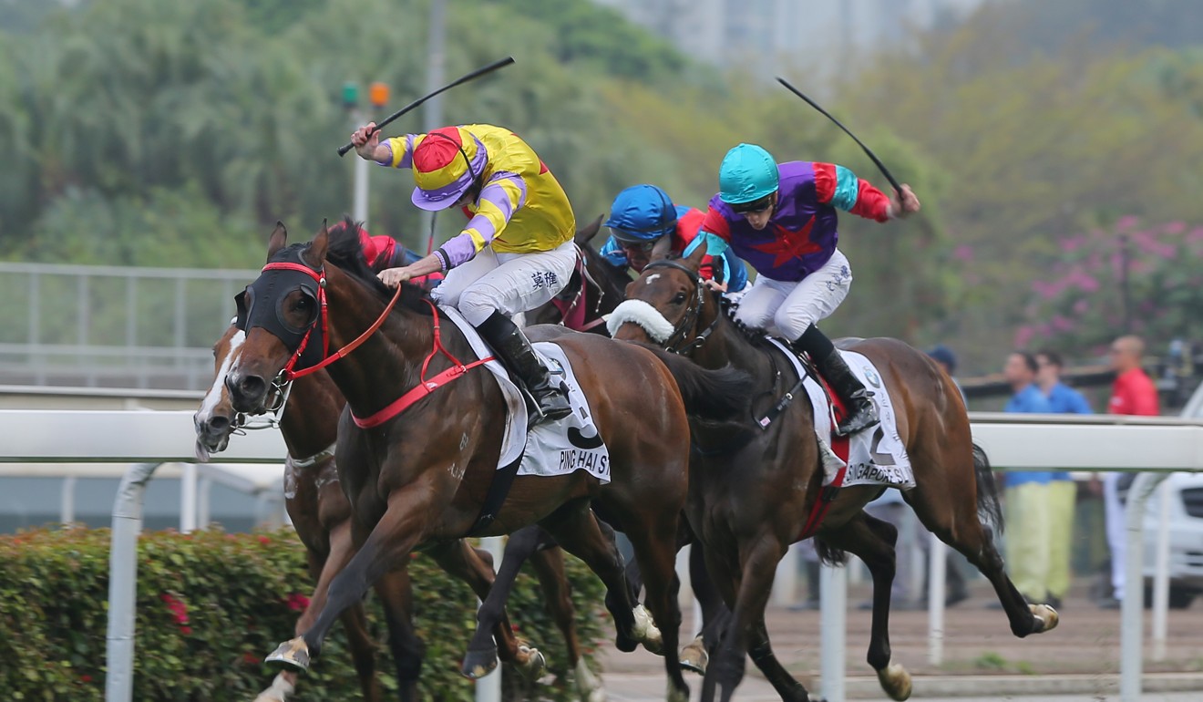 Ryan Moore races away on Ping Hai Star to win the Hong Kong Derby in 2018.