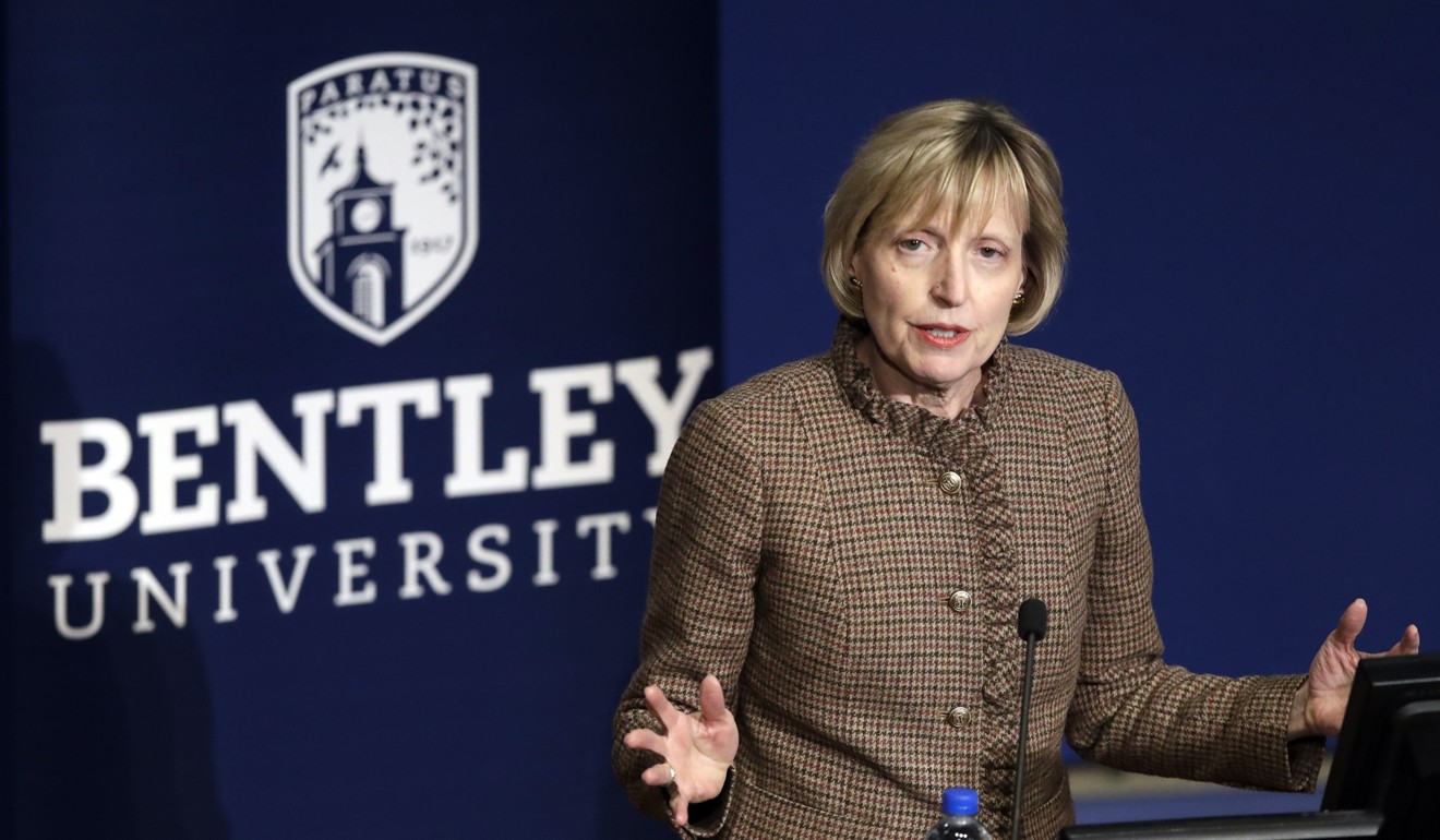 Bentley University President Alison Davis-Blake speaks during an event on campus in Waltham, Massachusetts, in March. Photo: AP