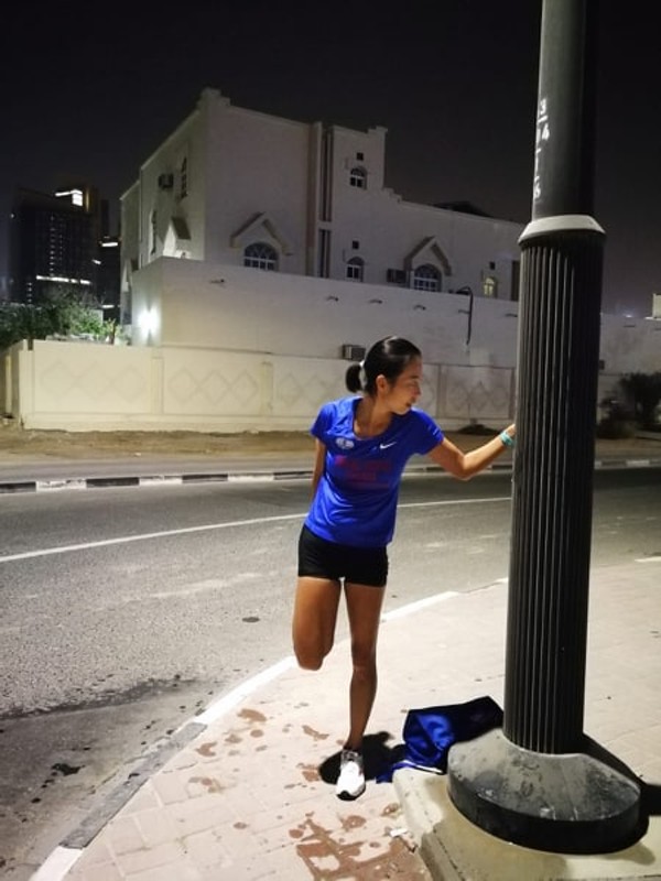 Ching trains at night time in Doha to prepare her race on Sunday which starts at 11.30pm.
