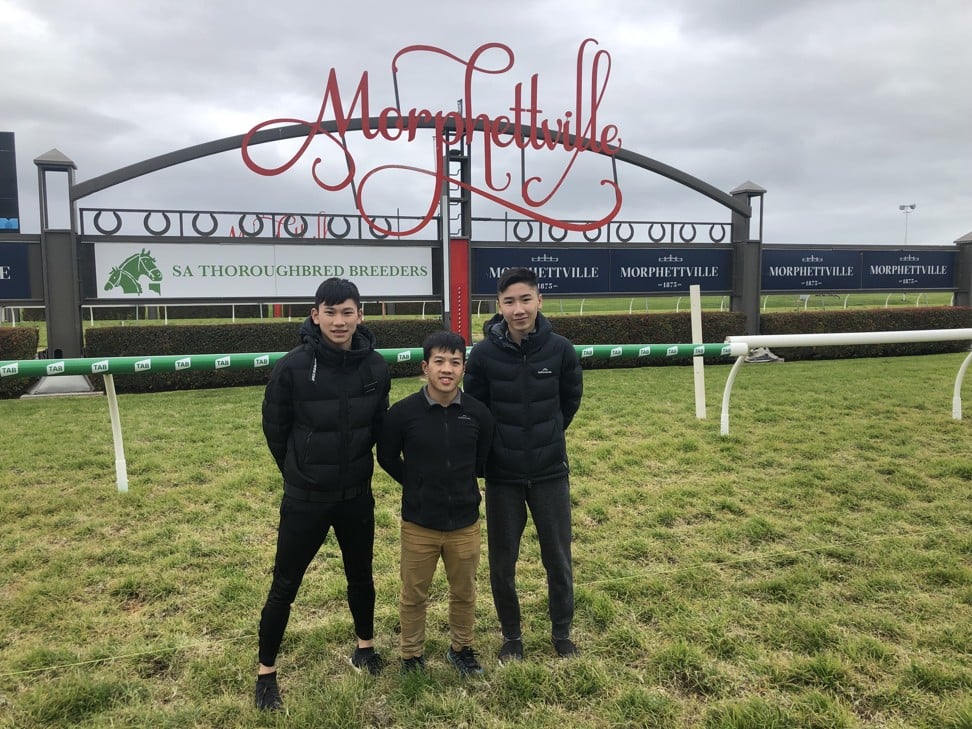 Hong Kong apprentice jockeys Jerry Chau (left), Kenny Lau and Gary Lo at Morphettville racecourse. Photo: Sam Agars