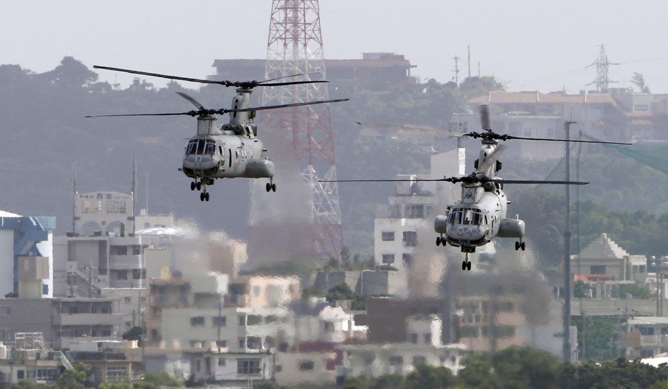 CH-46 helicopters take off from the US Marine Corps base in Futenma, in Okinawa, Japan. File photo: AP