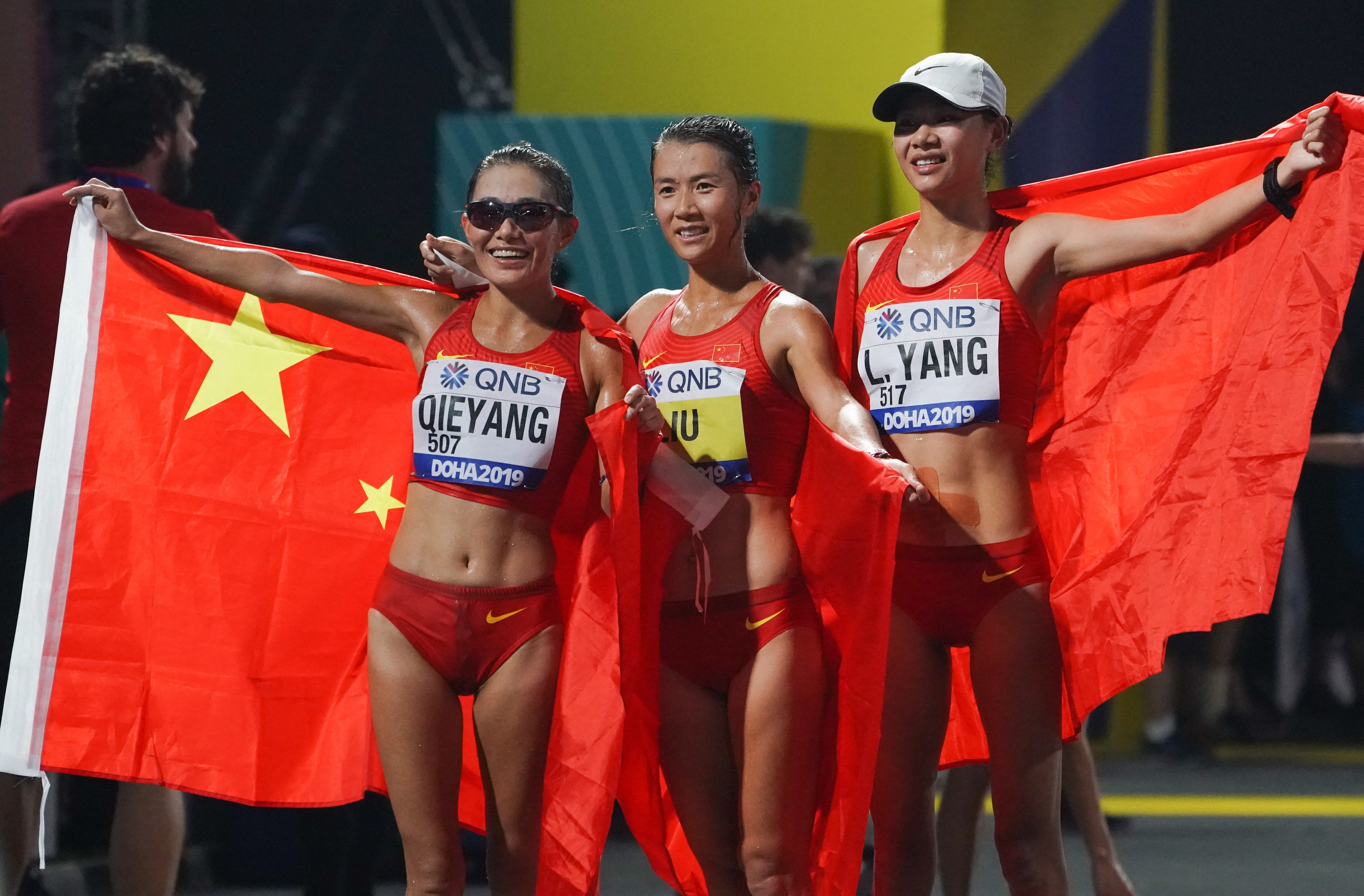 China dominated the women’s 20km race walk with Liu Hong (centre) taking her third world title in Doha. Photo: Xinhua