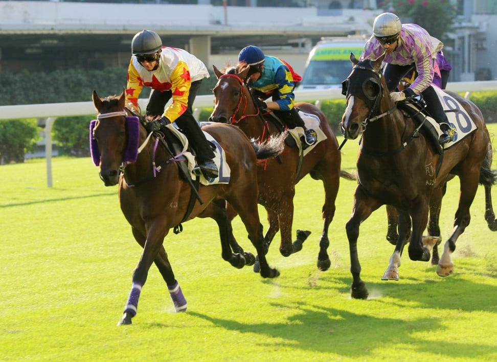 Mr Croissant (left) wins a barrier trial at Happy Valley on September 20.