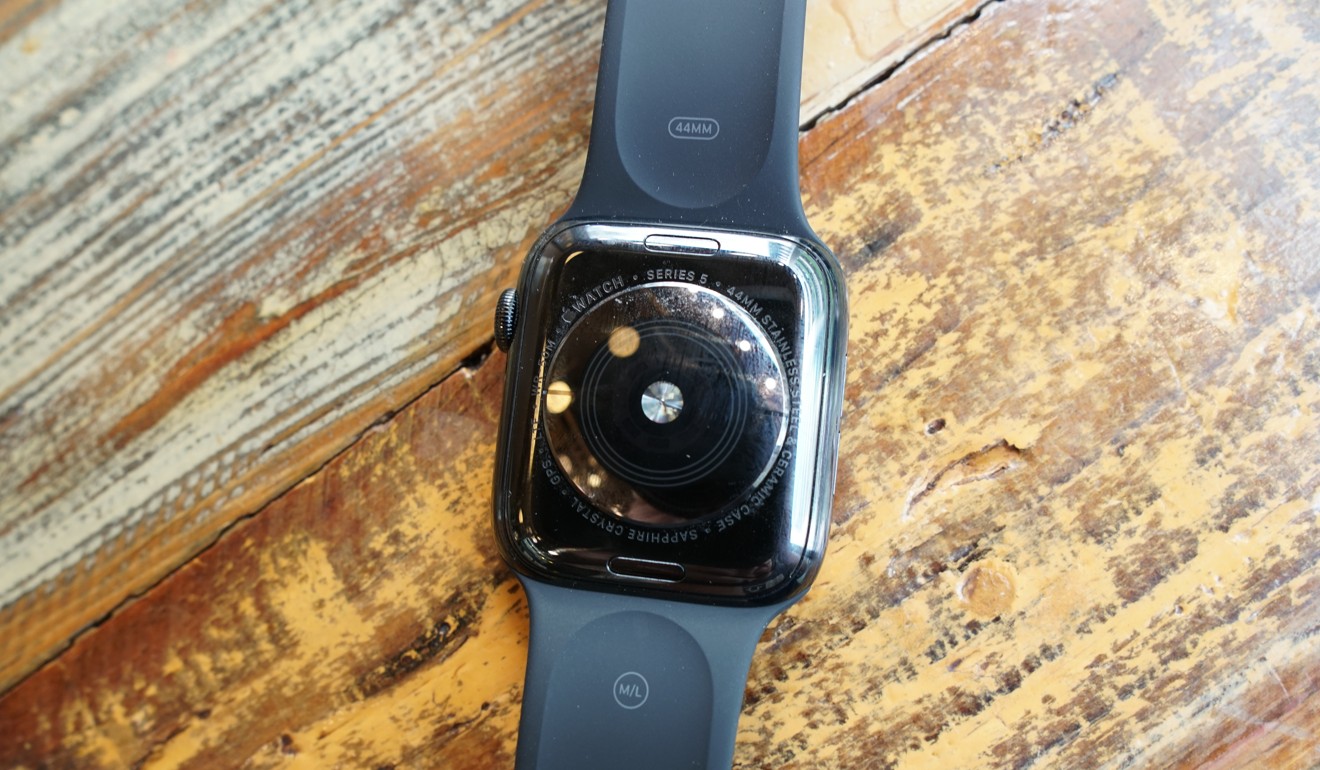 The Apple Watch 5 is available in stainless steel (pictured), aluminium, ceramic, or titanium. A heart rate sensor is located in the centre of the watch’s back. Photo: Ben Sin