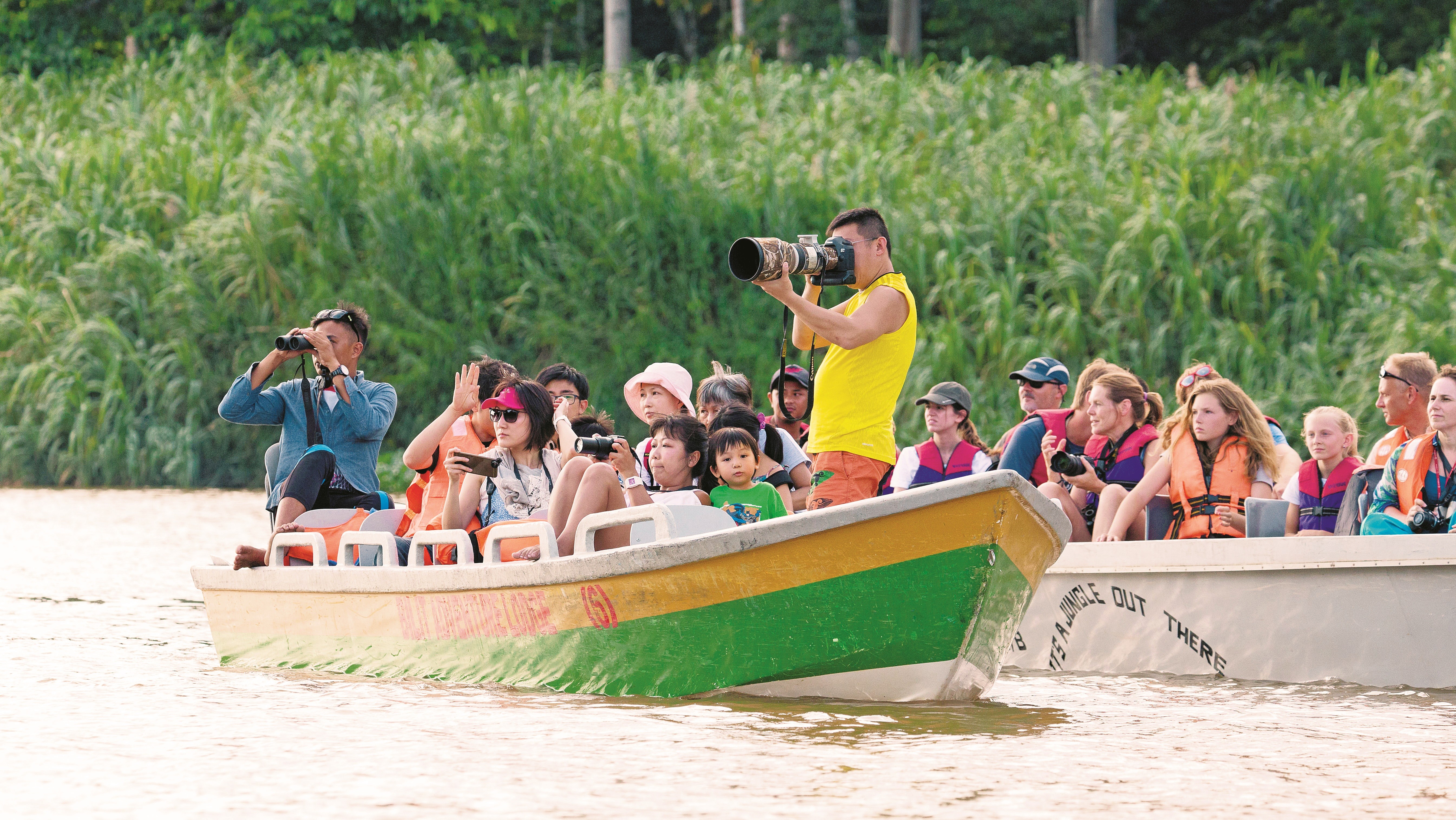 Chinese tourists look at wildlife from boats on the Kinabatangan River, Sabah, Malaysia. There are fears that the Chinese tourism boom in Sabah may end up doing more harm than good. Photo: Alamy