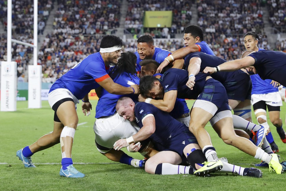 Scotland players carry the ball in a maul during their match against Samoa. Photo: AP