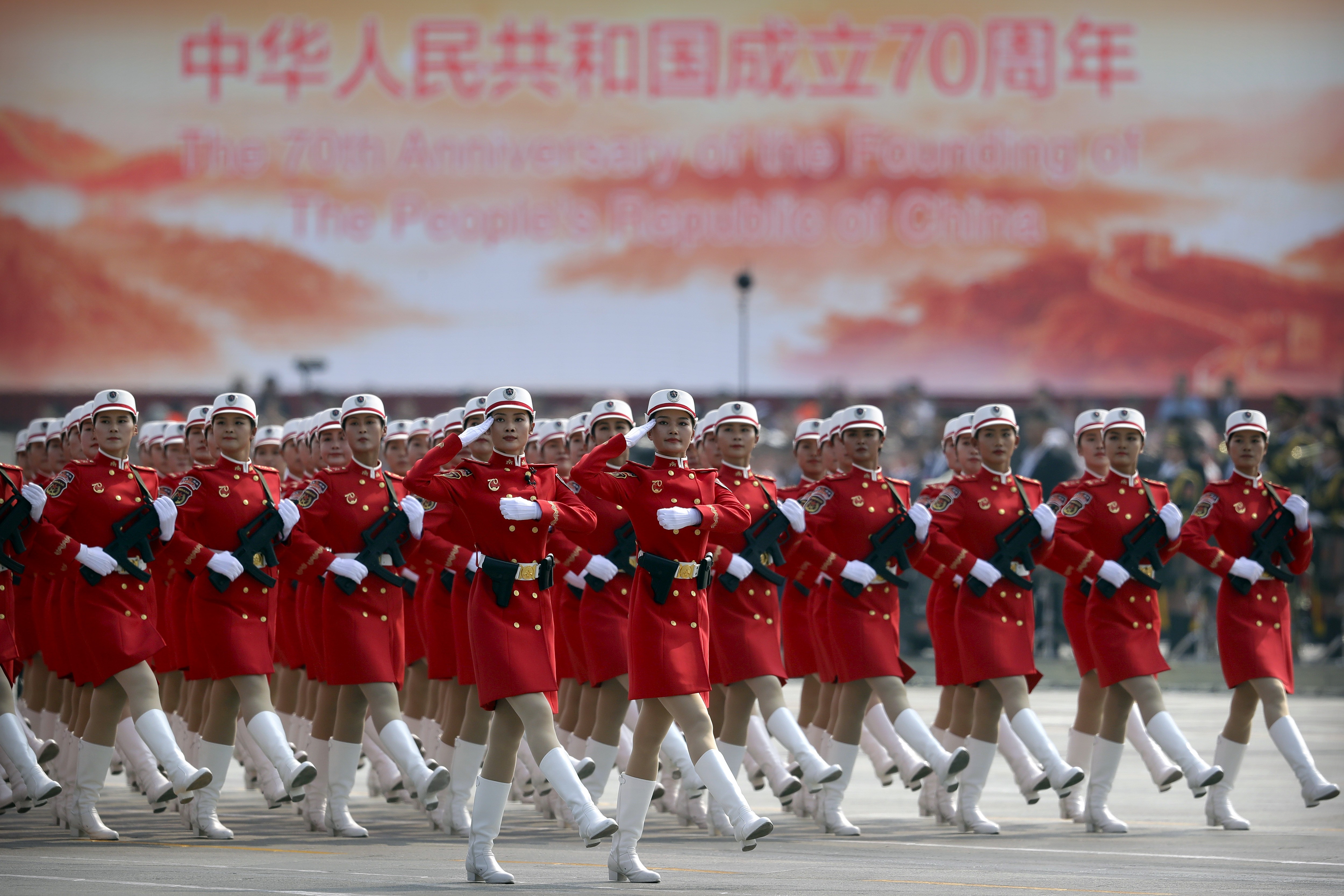 Women soldiers from the People’s Liberation Army add more colour to the parade. Photo: AP